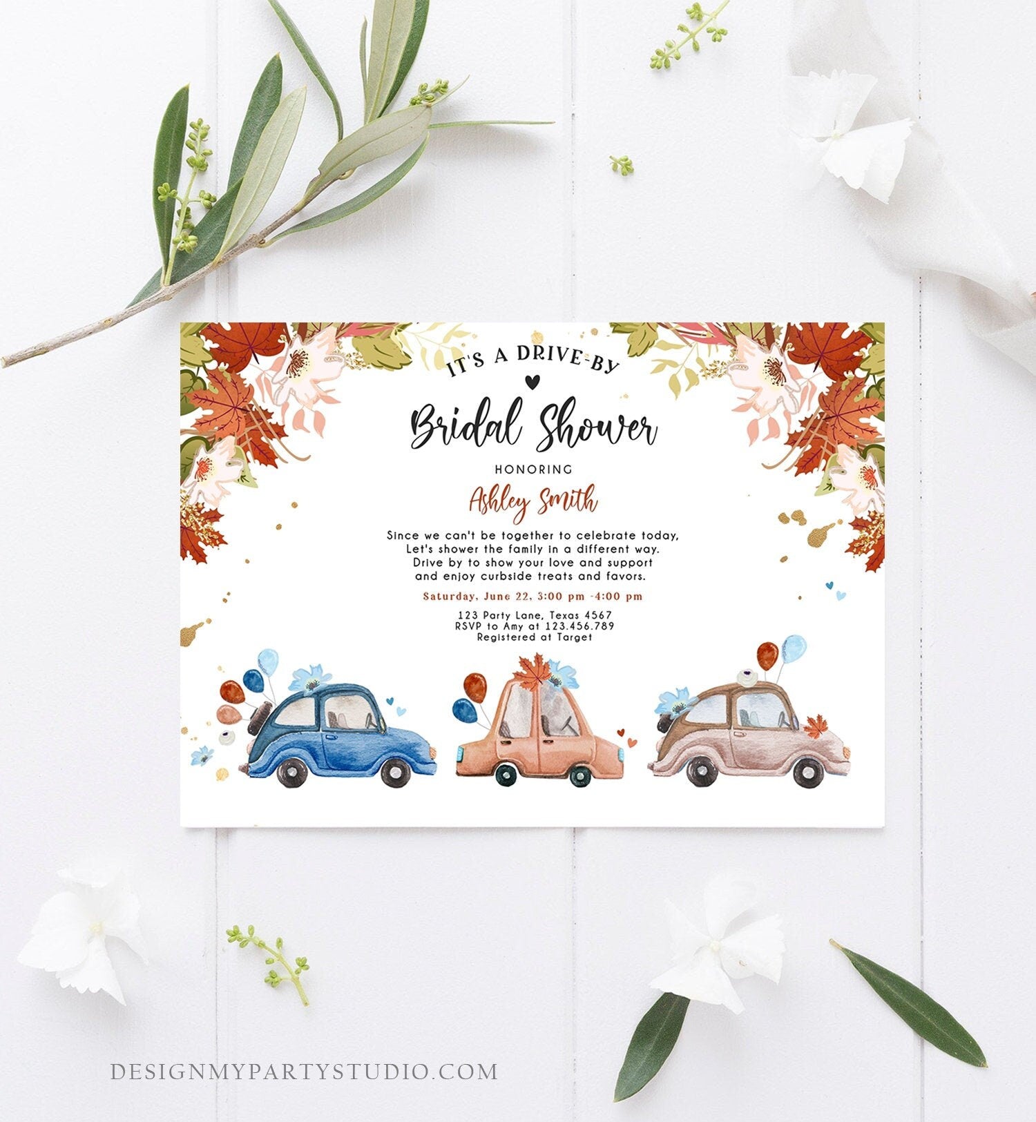 Editable Fall Drive By Bridal Shower Invitation Couples Shower Invite Quarantine Drive Through Fall in Love Template Download Corjl 0335