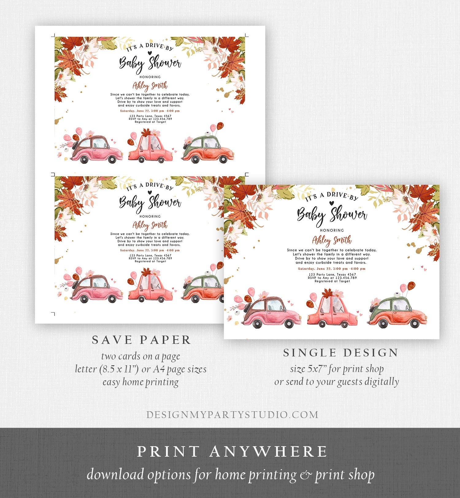 Editable Fall Drive By Baby Shower Invitation Pink Gold Floral Girl Coed Shower Quarantine Drive Through Autumn Template Download Corjl 0335