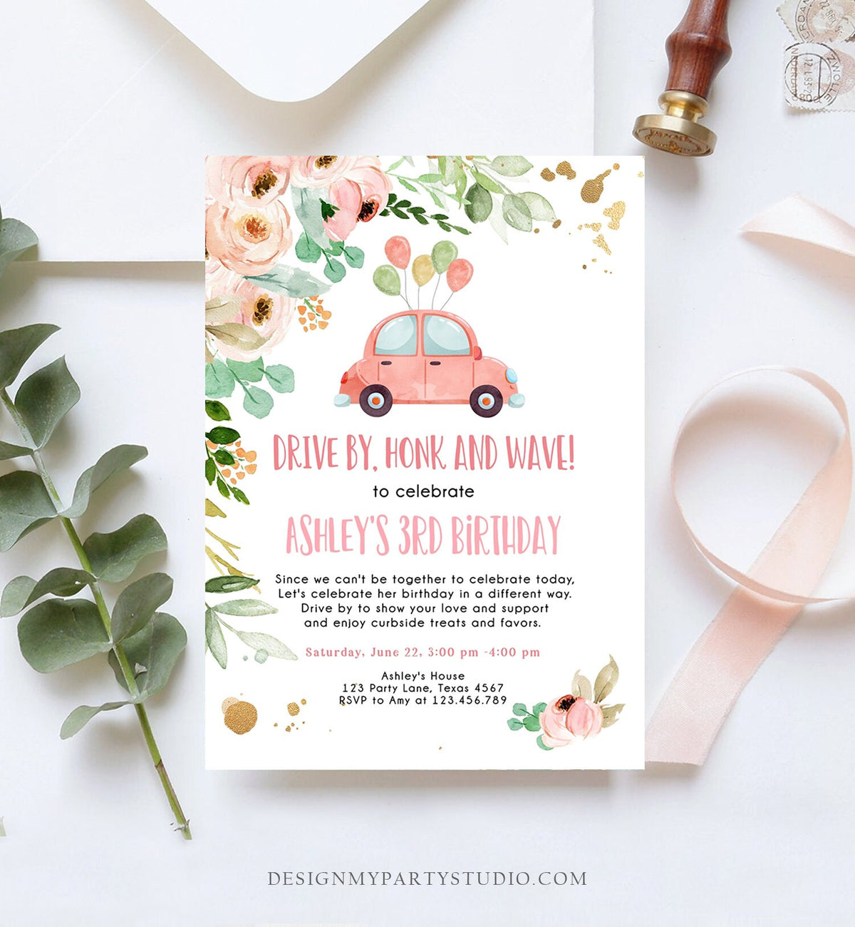 Editable Drive By Birthday Parade Invitation Virtual Party Invite Honk Wave Car Girl Adult Quarantine Instant Download Digital Corjl 0346