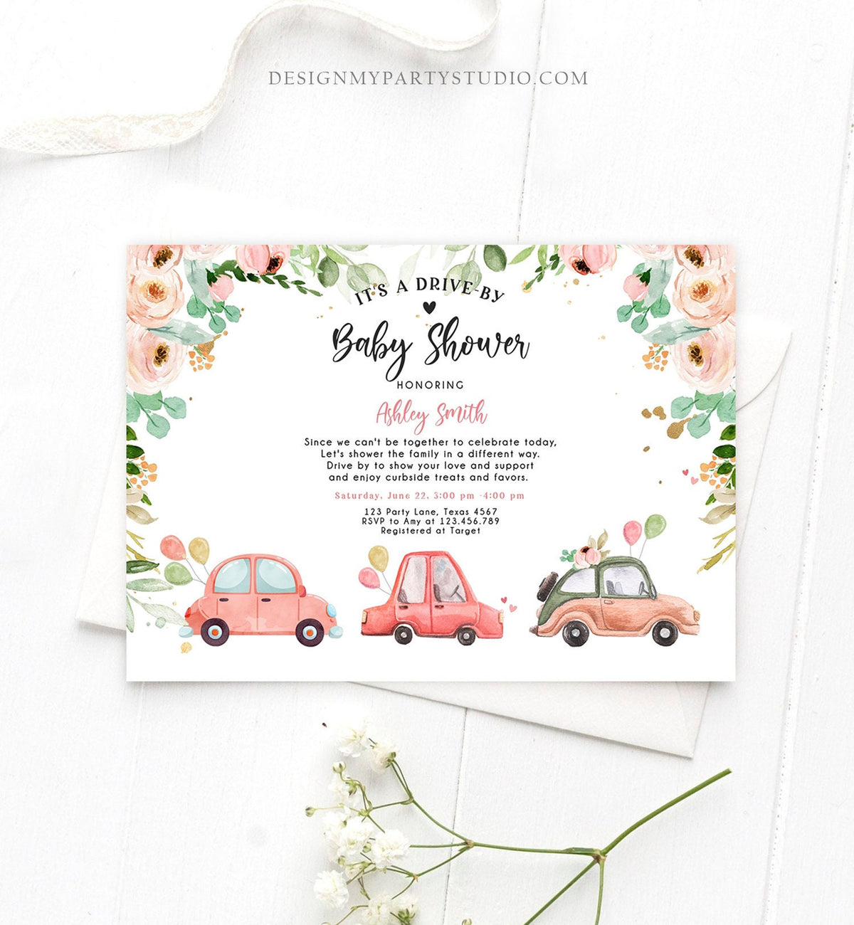 Editable Drive By Baby Shower Invitation Pink Girl Baby Shower Invite Quarantine Drive Trough Floral Sprinkle Template Download Corjl 0346