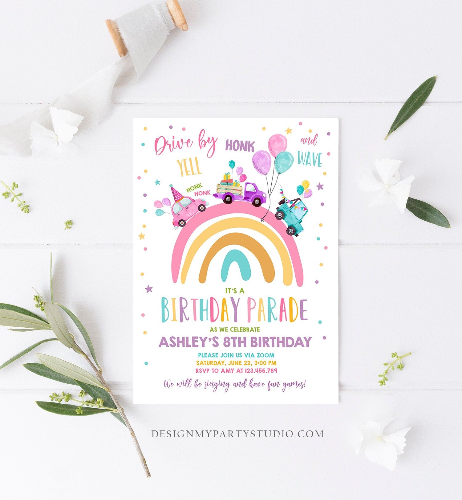 Editable Rainbow Drive By Birthday Parade Invitation Virtual Party Invite Honk Wave Car Girl Pink Quarantine Download Digital Corjl 0333