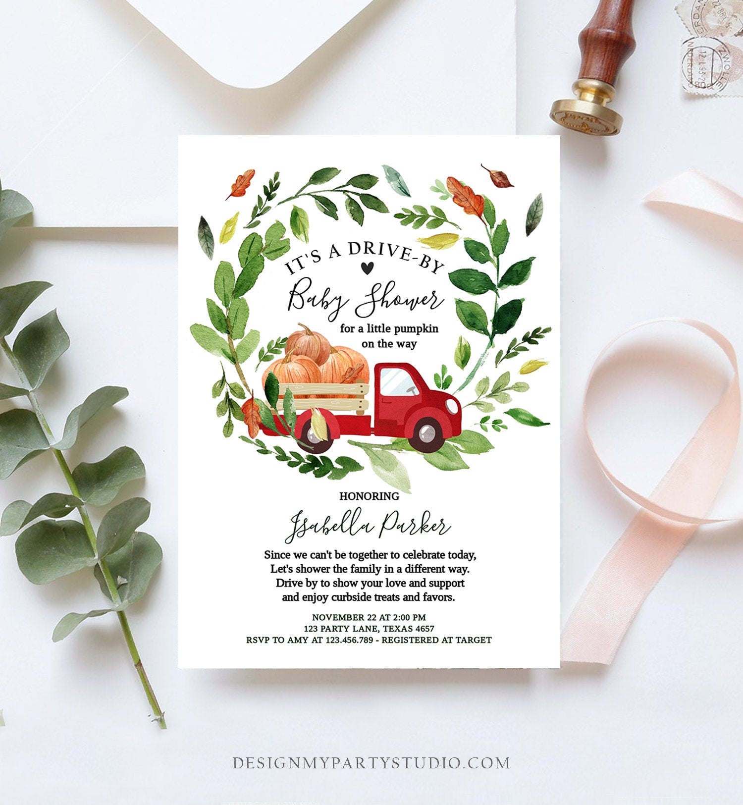 Editable Fall Drive By Baby Shower Invitation Red Pumpkin Truck Neutral Coed Shower Quarantine Drive Through Fall Autumn Template Corjl 0154