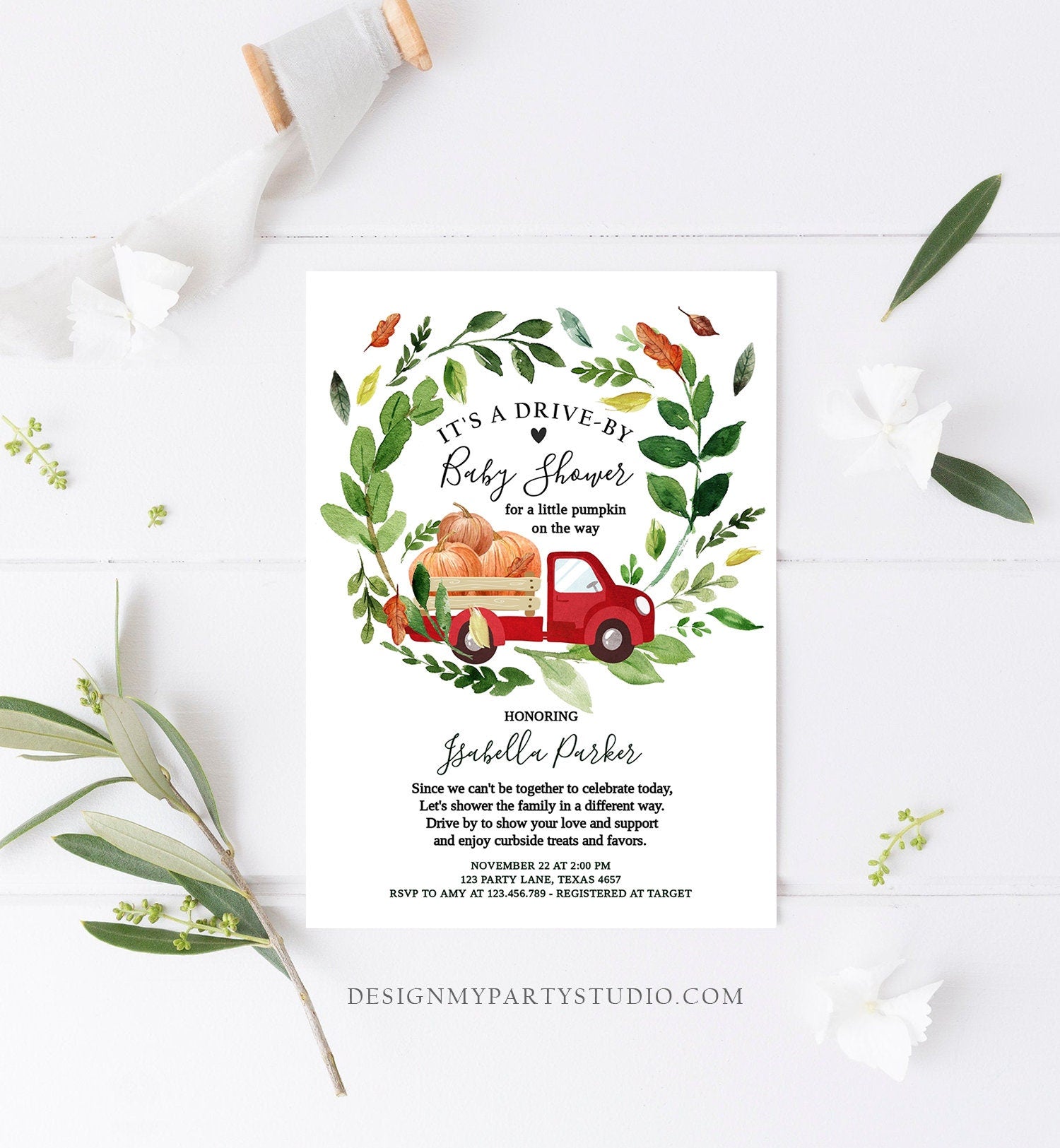 Editable Fall Drive By Baby Shower Invitation Red Pumpkin Truck Neutral Coed Shower Quarantine Drive Through Fall Autumn Template Corjl 0154