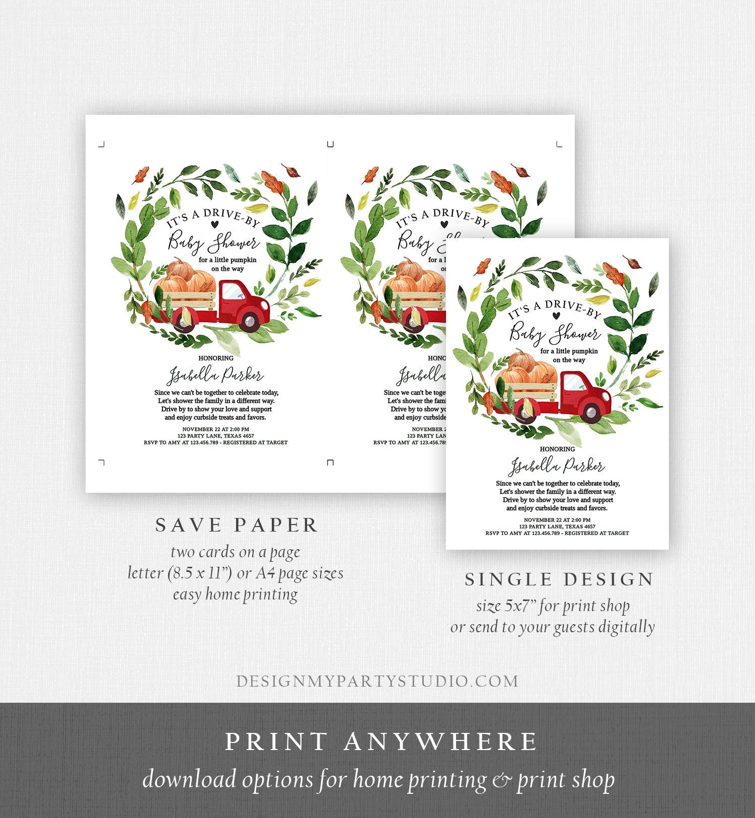 Editable Fall Drive By Baby Shower Invitation Red Pumpkin Truck Neutral Coed Shower Quarantine Drive Through Fall Autumn Template Corjl 0154