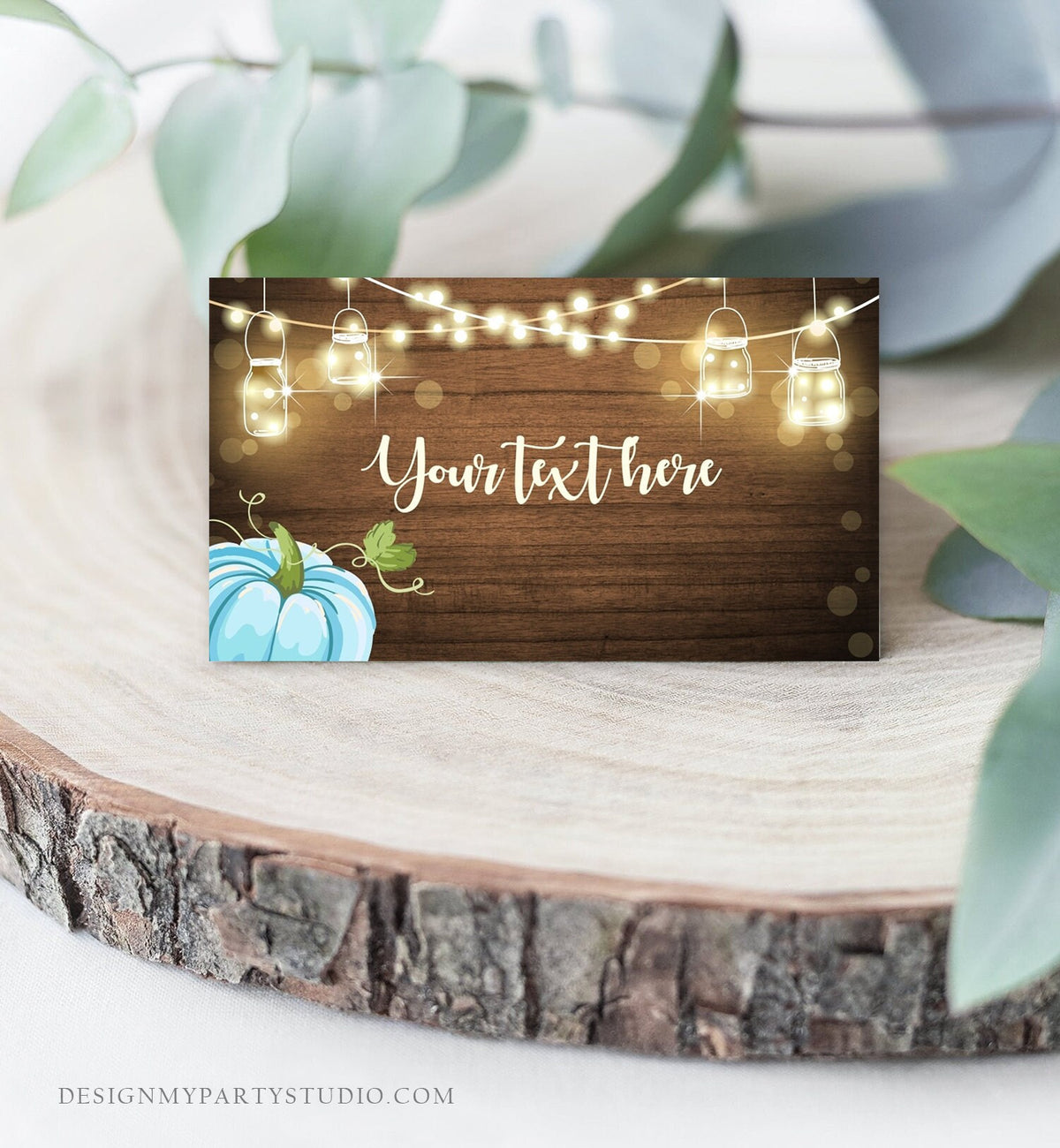 Editable Pumpkin Food Labels Boy Blue Pumpkin Place Card Fall Tent Card Escort Card Wood Rustic Pumpkin Shower Download Corjl Template 0015