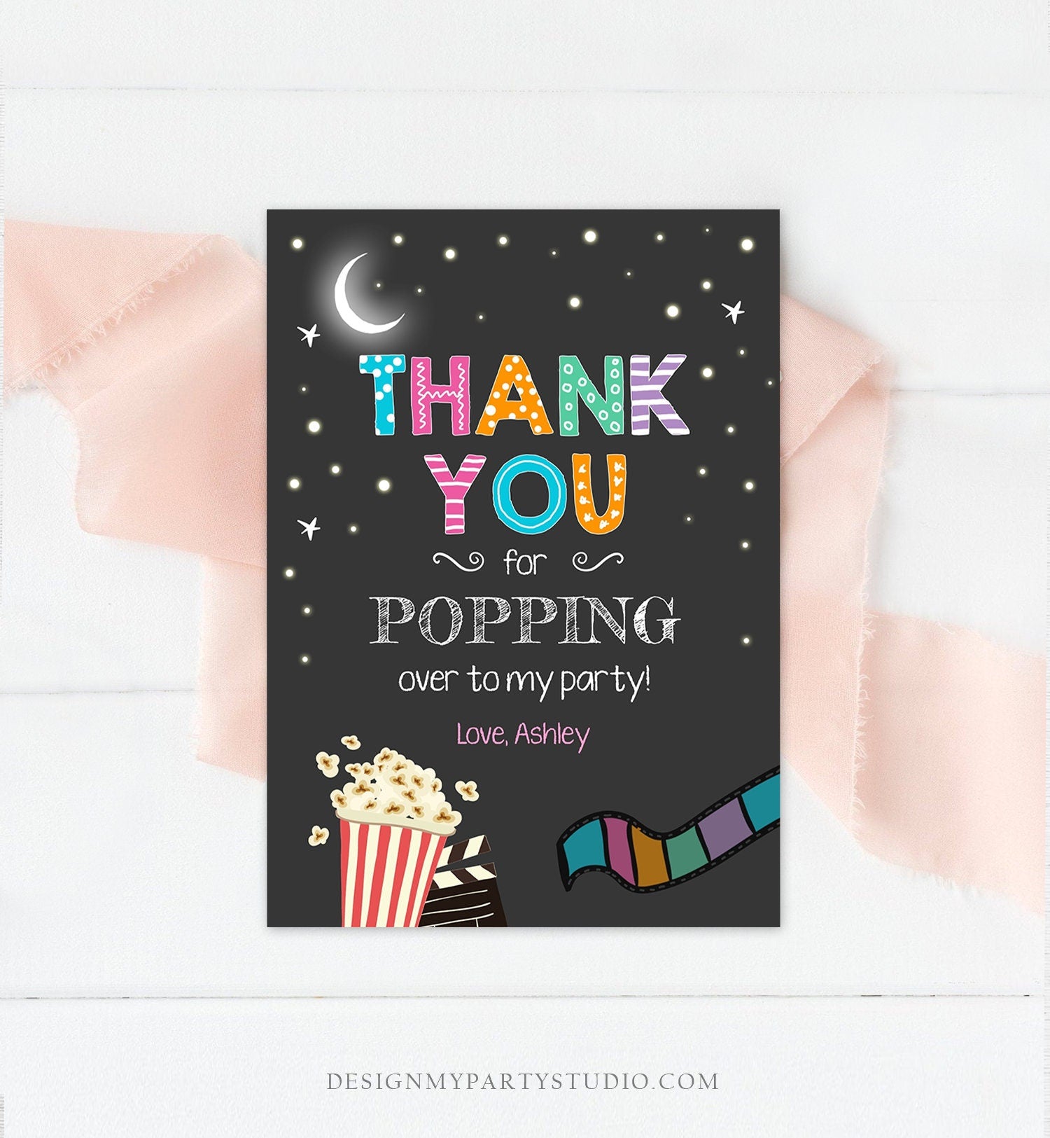 Editable Movie Night Thank You Card Under the Stars Backyard Movie Night Party Birthday Popping By Download Printable Template Corjl 0042