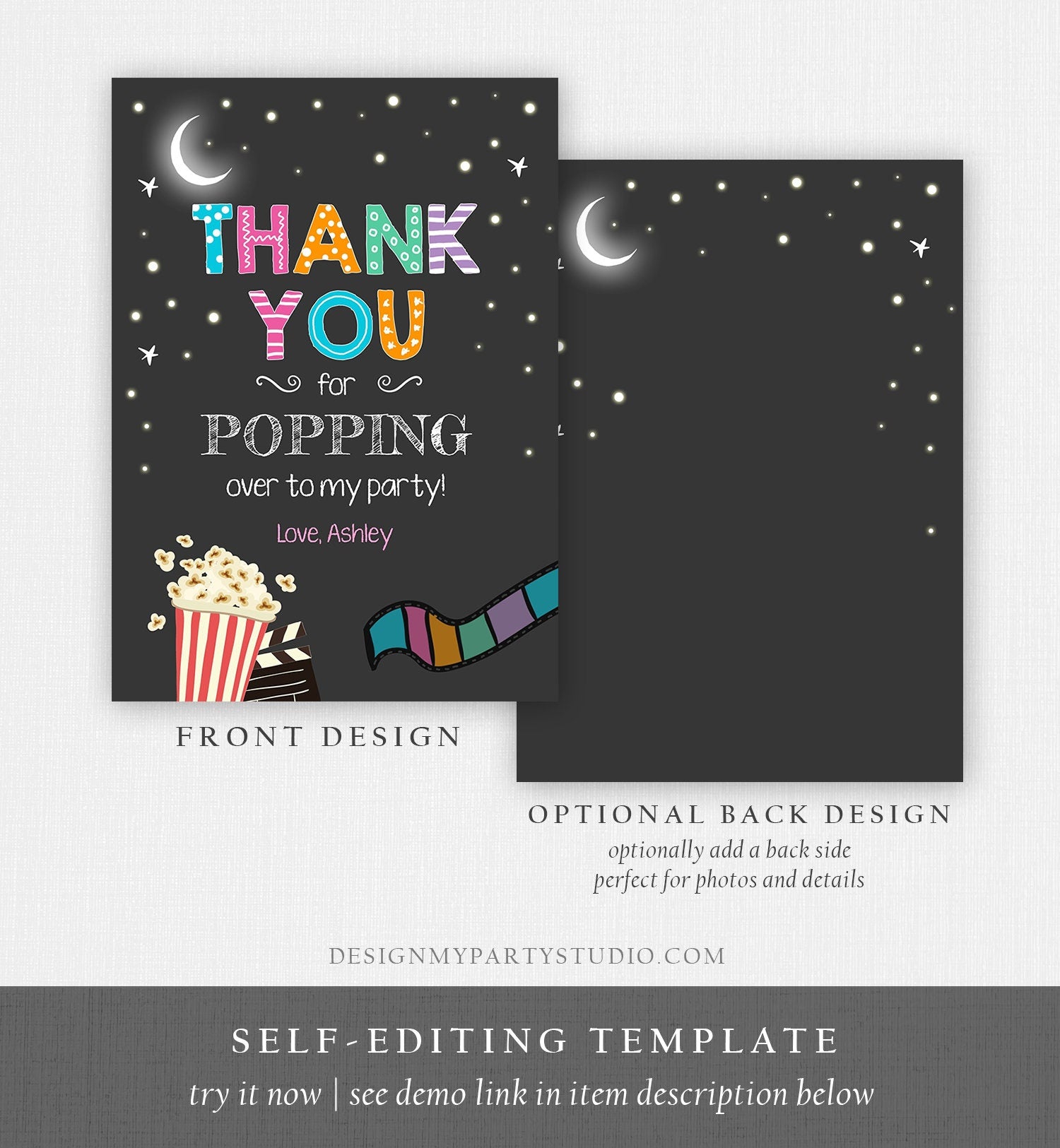 Editable Movie Night Thank You Card Under the Stars Backyard Movie Night Party Birthday Popping By Download Printable Template Corjl 0042