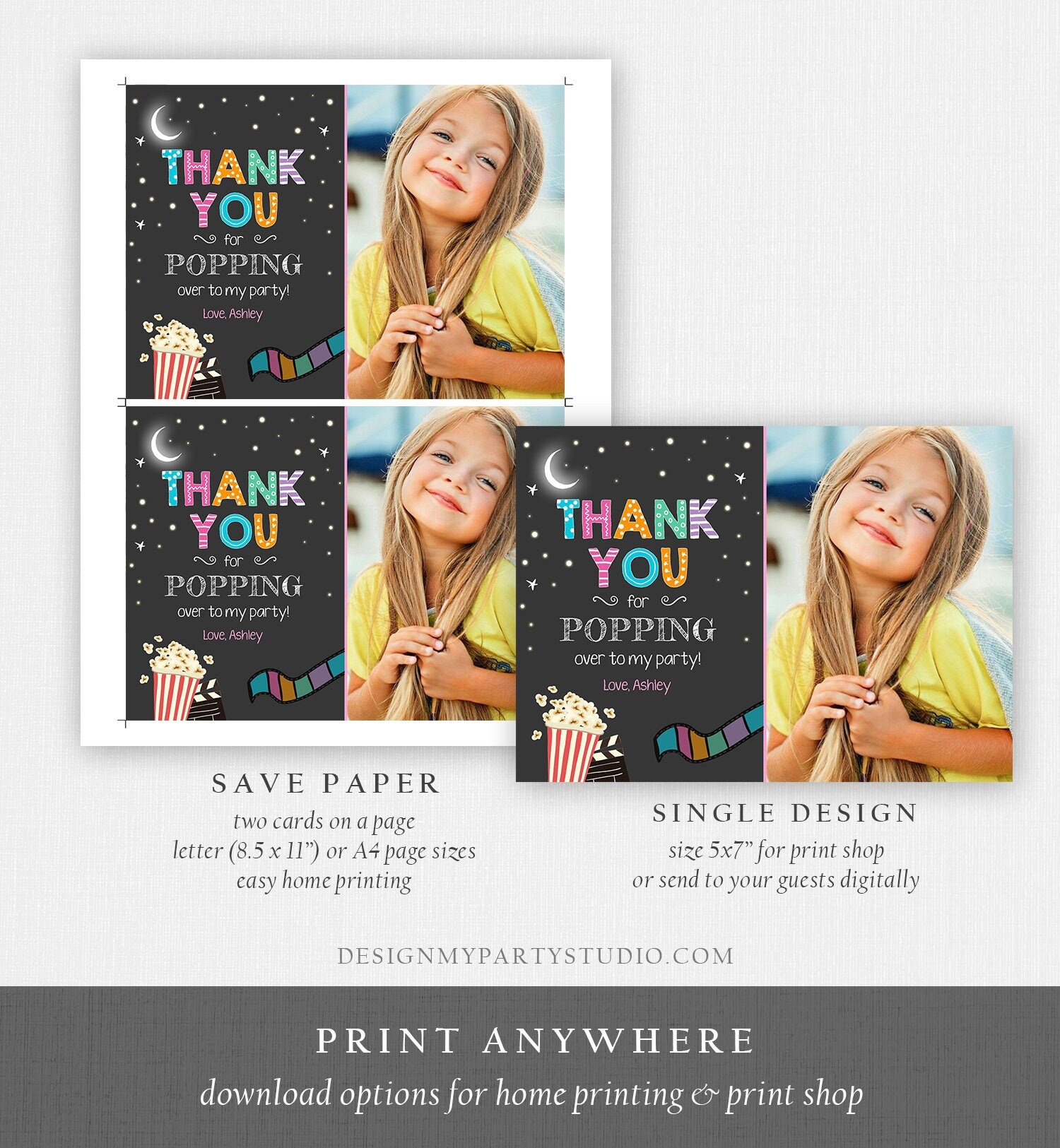 Editable Movie Night Thank You Card Under the Stars Backyard Movie Night Party Birthday Popping By Download Printable Template Corjl 0042