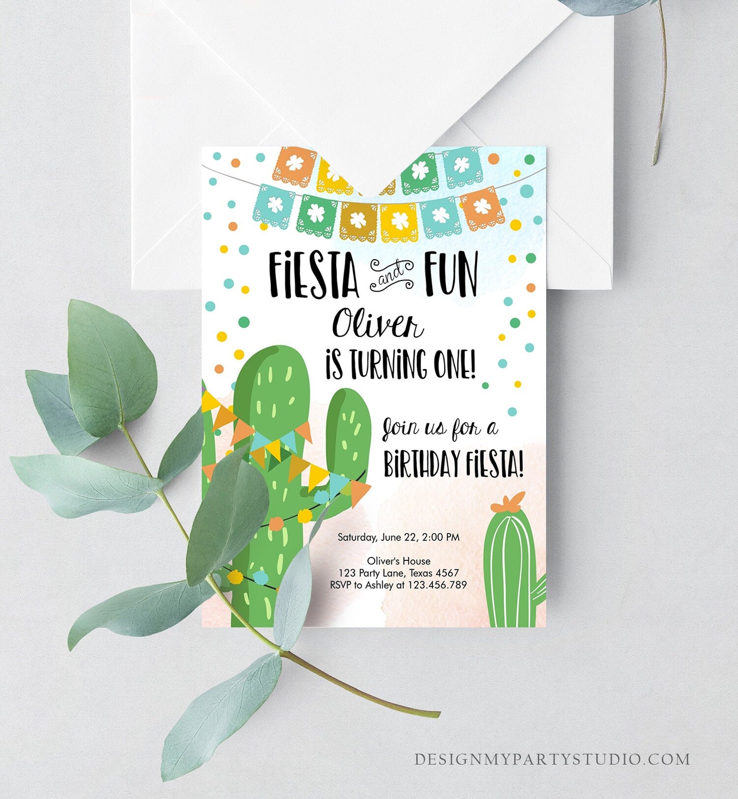 Editable Fiesta and Fun Birthday Invitation First Birthday Cactus Garland Blue Boy ANY AGE Instant Download Corjl Template Printable 0135