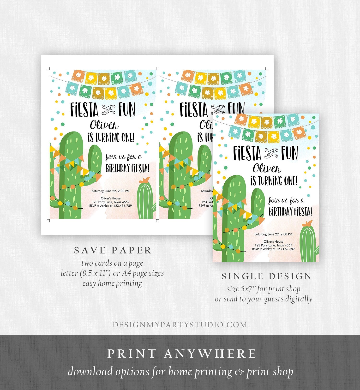 Editable Fiesta and Fun Birthday Invitation First Birthday Cactus Garland Blue Boy ANY AGE Instant Download Corjl Template Printable 0135