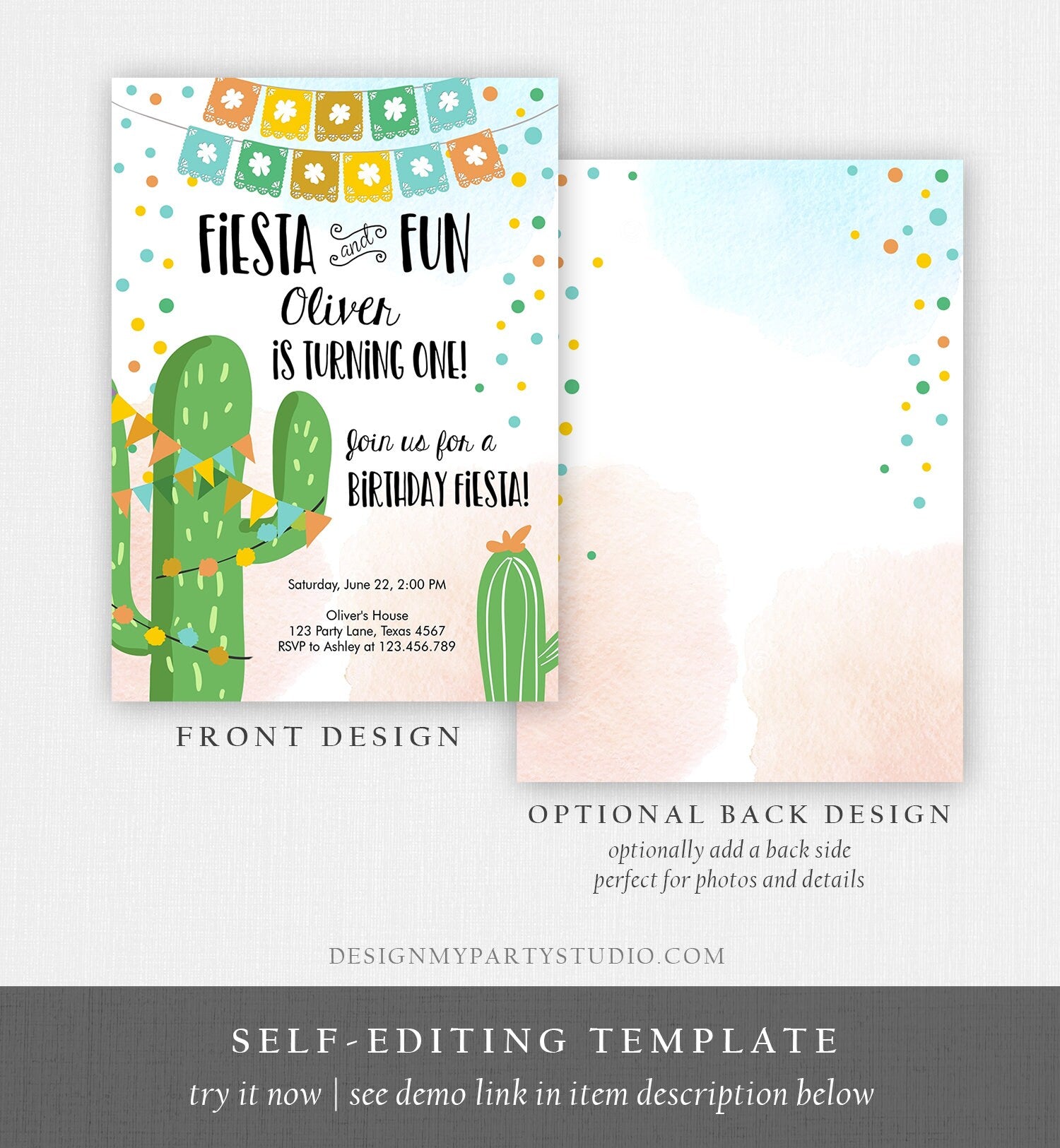 Editable Fiesta and Fun Birthday Invitation First Birthday Cactus Garland Blue Boy ANY AGE Instant Download Corjl Template Printable 0135