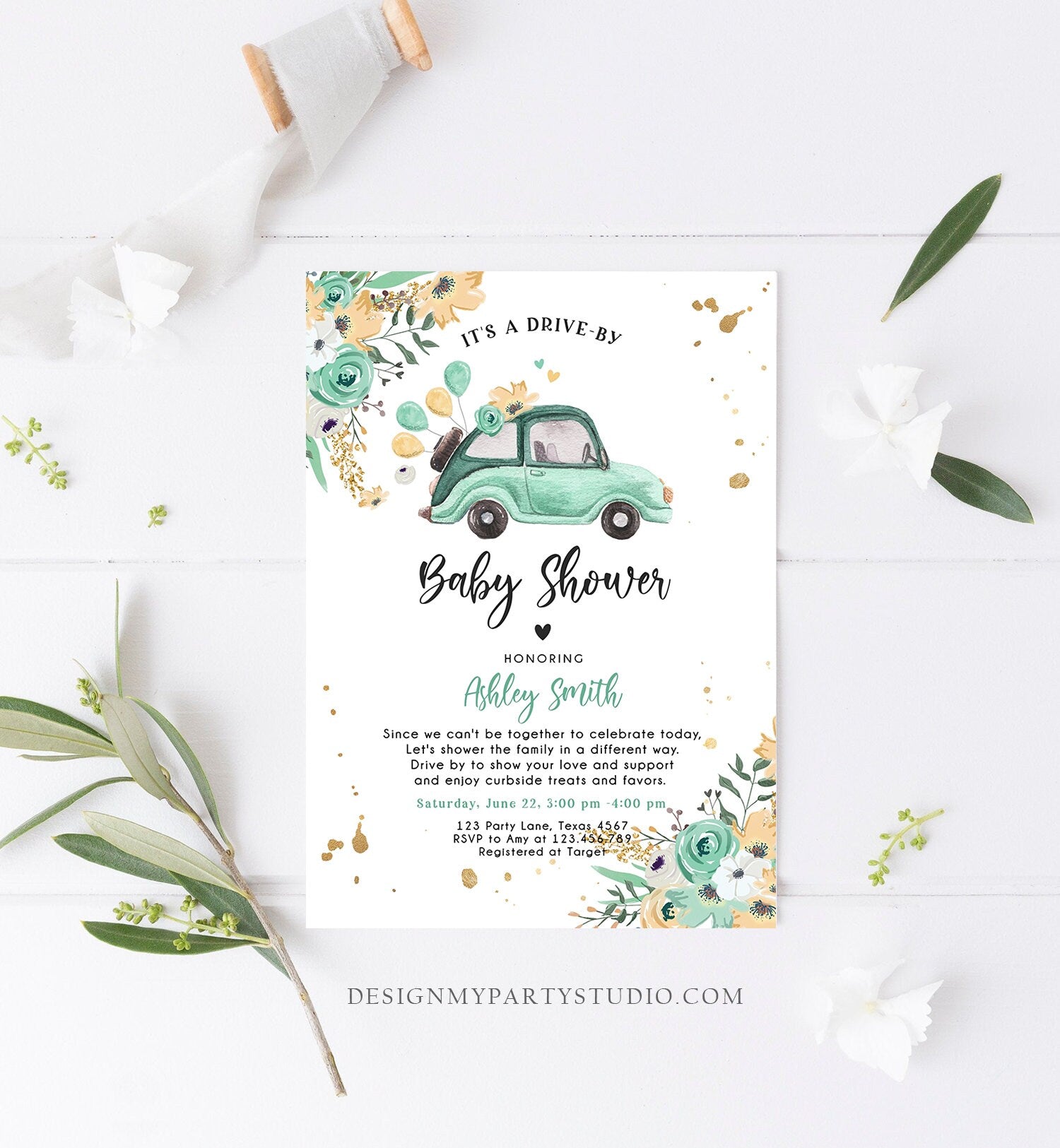 Editable Drive By Baby Shower Invitation Mint Green Neutral Boy Girl Baby Sprinkle Quarantine Drive Through Floral Corjl Template 0335