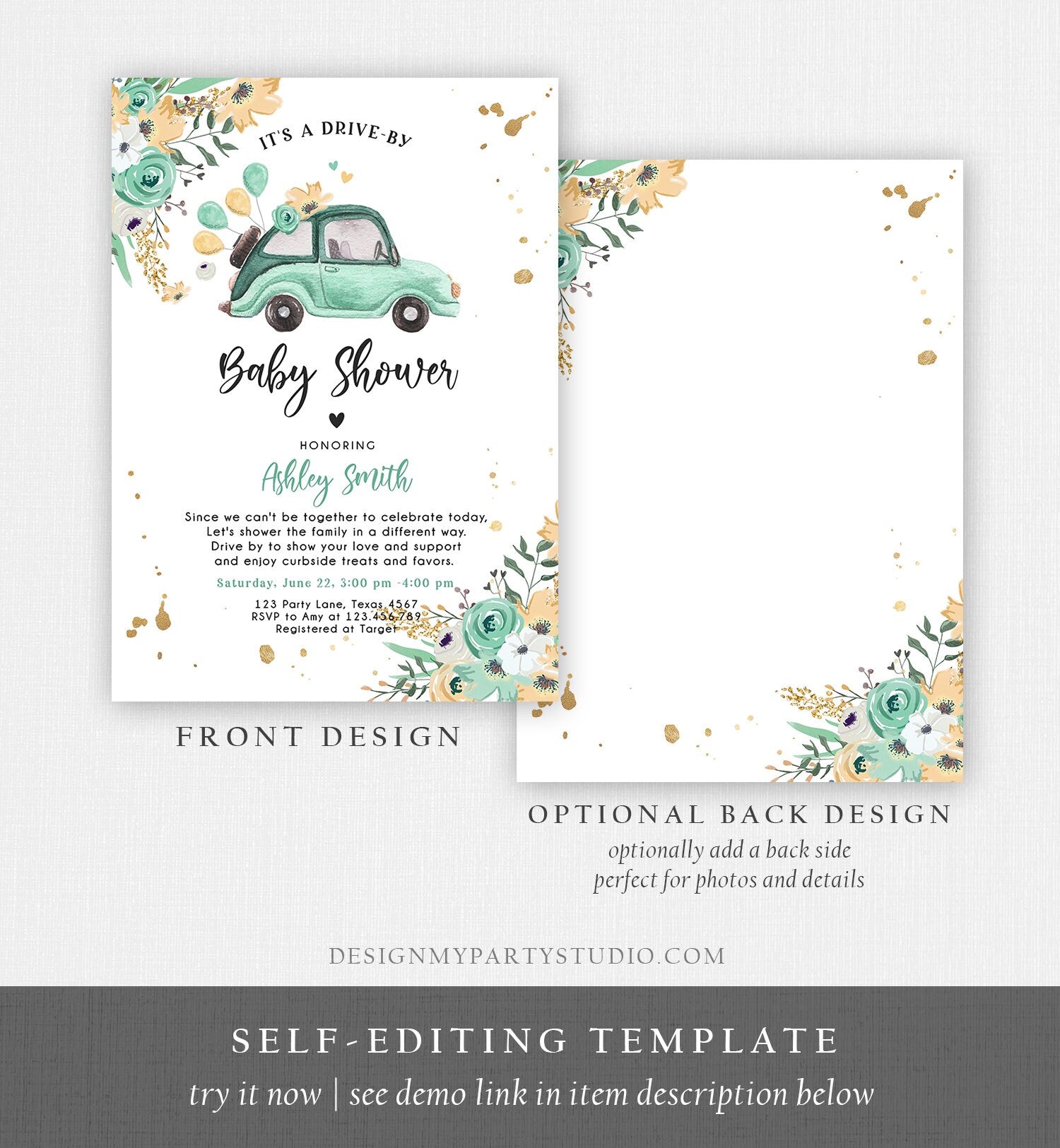 Editable Drive By Baby Shower Invitation Mint Green Neutral Boy Girl Baby Sprinkle Quarantine Drive Through Floral Corjl Template 0335