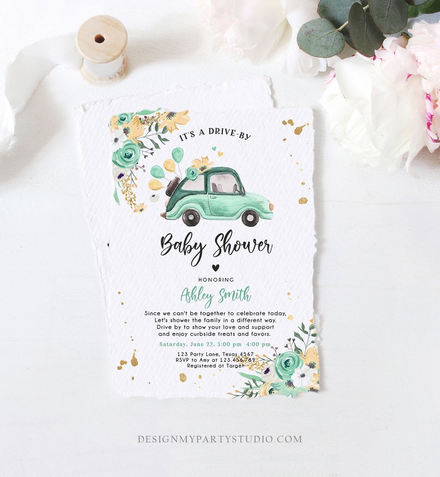 Editable Drive By Baby Shower Invitation Mint Green Neutral Boy Girl Baby Sprinkle Quarantine Drive Through Floral Corjl Template 0335