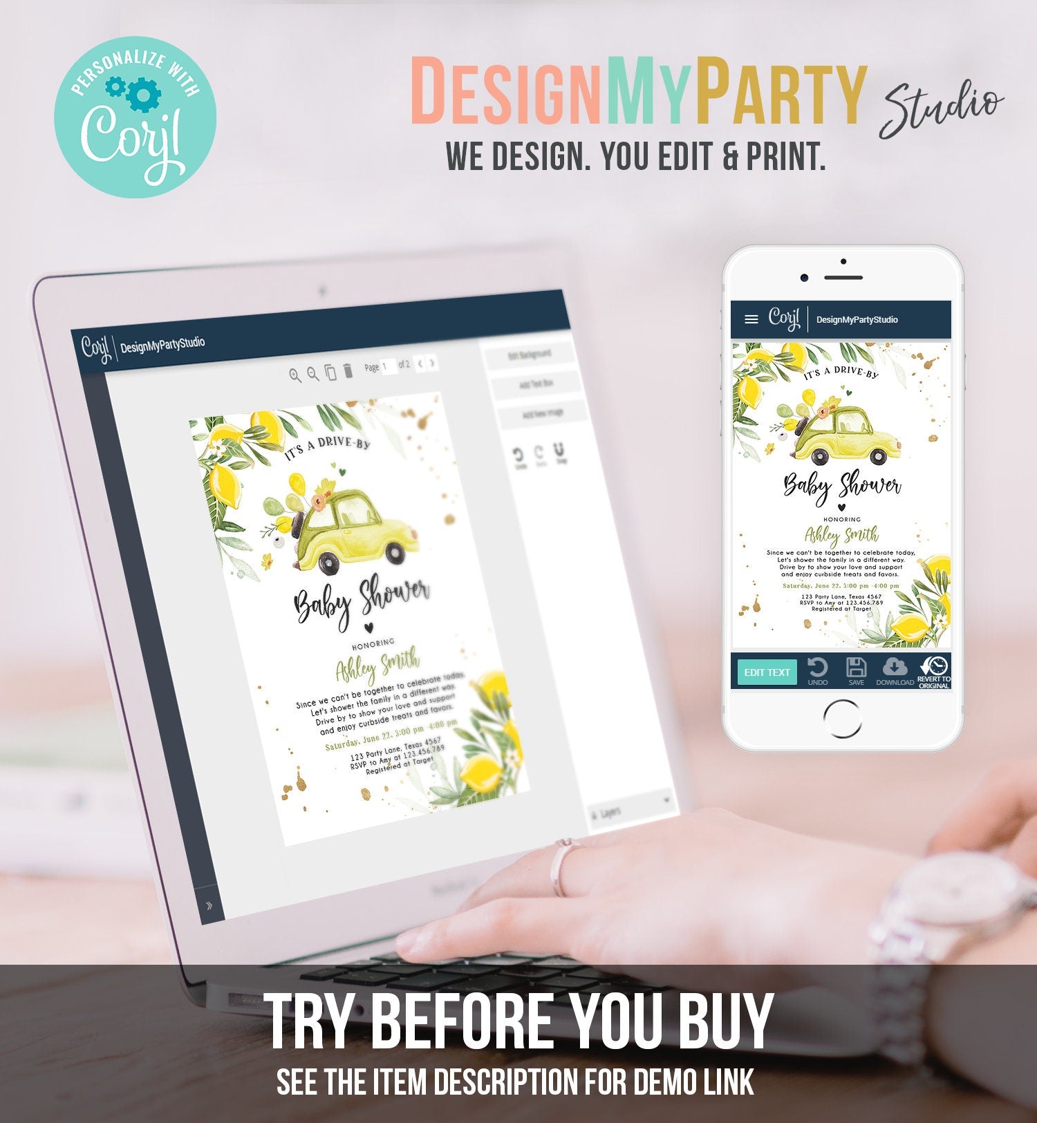 Editable Drive By Baby Shower Invitation Lemon Gender Neutral Baby Shower Drive Through Virtual Shower Lemons Template Download Corjl 0335