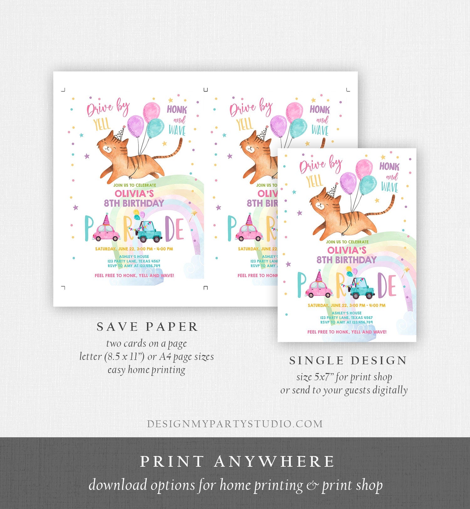 Editable Cat Drive By Birthday Parade Invitation Kitten Virtual Party Invite Honk Wave Car Girl Pink Quarantine Download Digital Corjl 0348