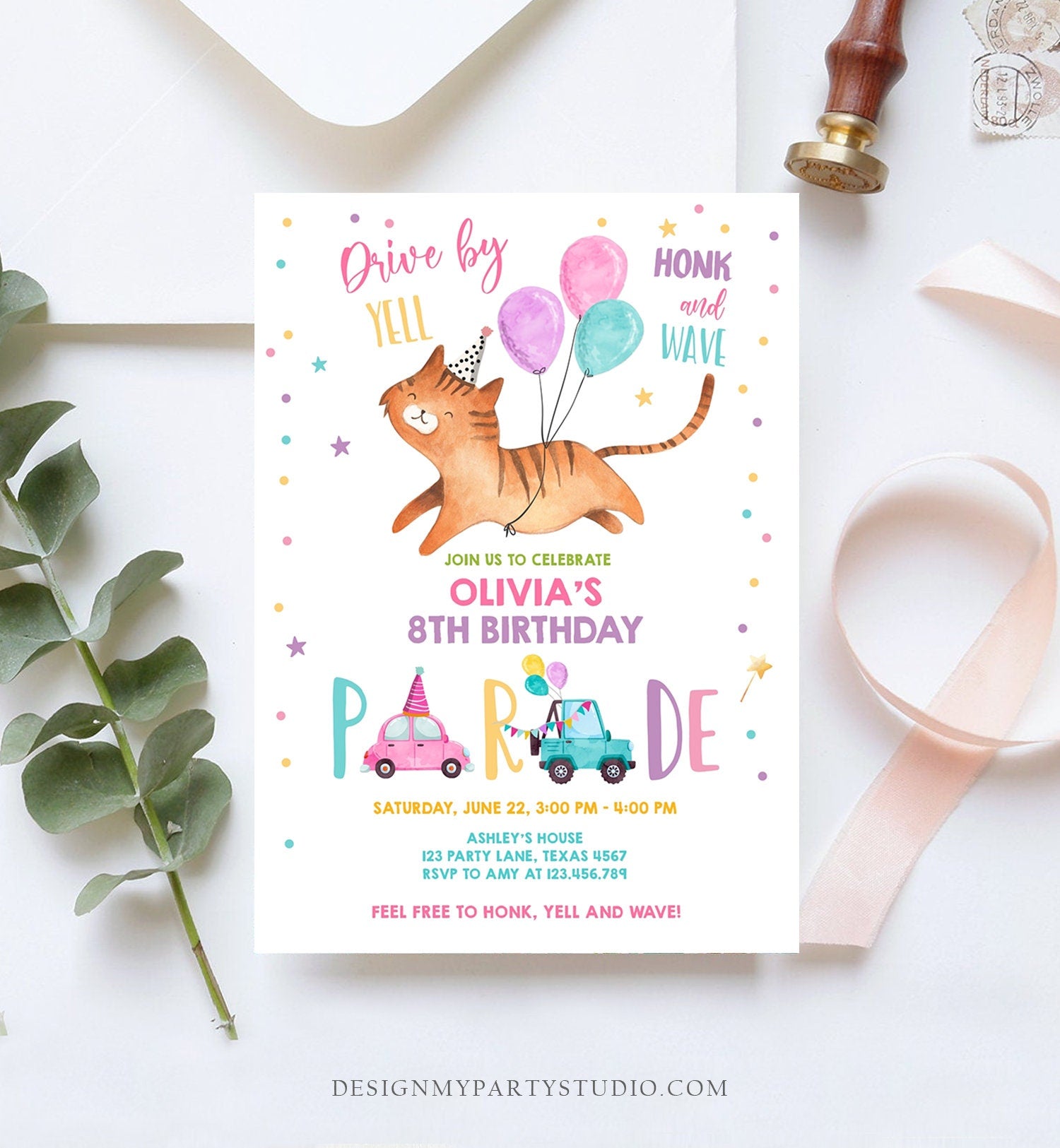 Editable Cat Drive By Birthday Parade Invitation Kitten Virtual Party Invite Honk Wave Car Girl Pink Quarantine Download Digital Corjl 0348