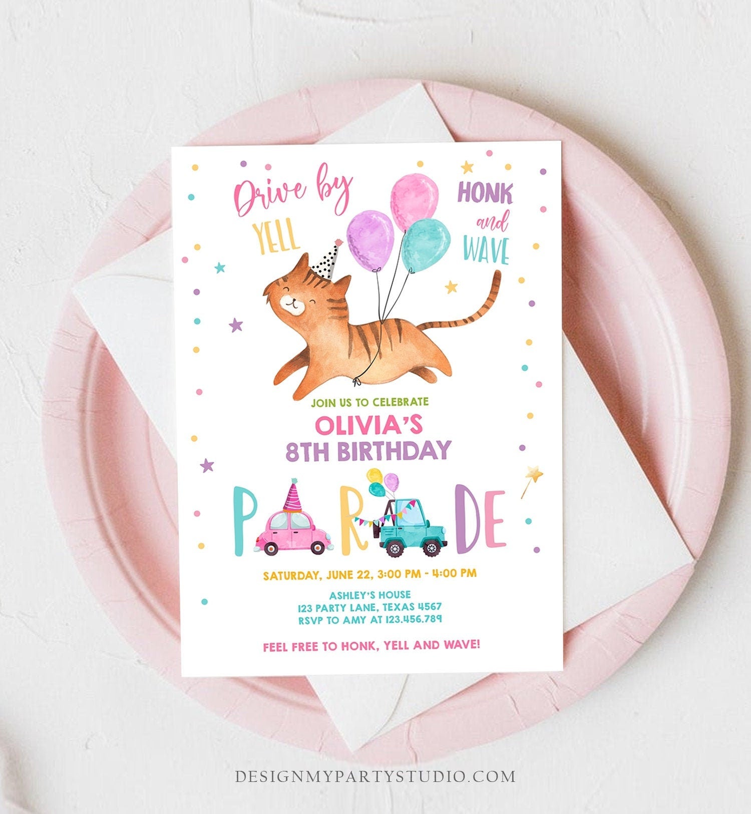 Editable Cat Drive By Birthday Parade Invitation Kitten Virtual Party Invite Honk Wave Car Girl Pink Quarantine Download Digital Corjl 0348