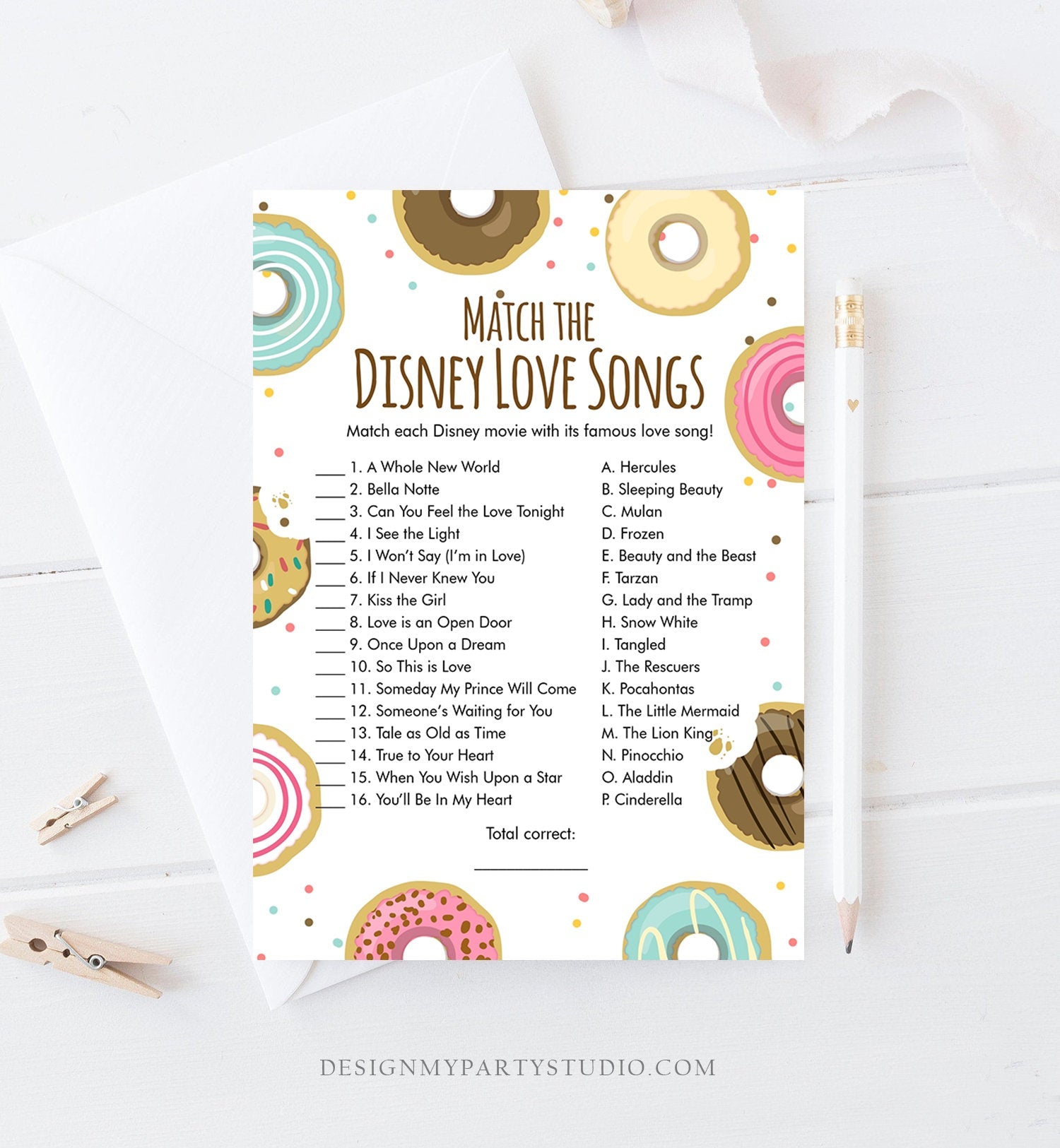 Editable Disney Love Songs Bridal Shower Game Quotes Donut Bridal Shower Shower Games Wedding Activity Corjl Template Printable 0050