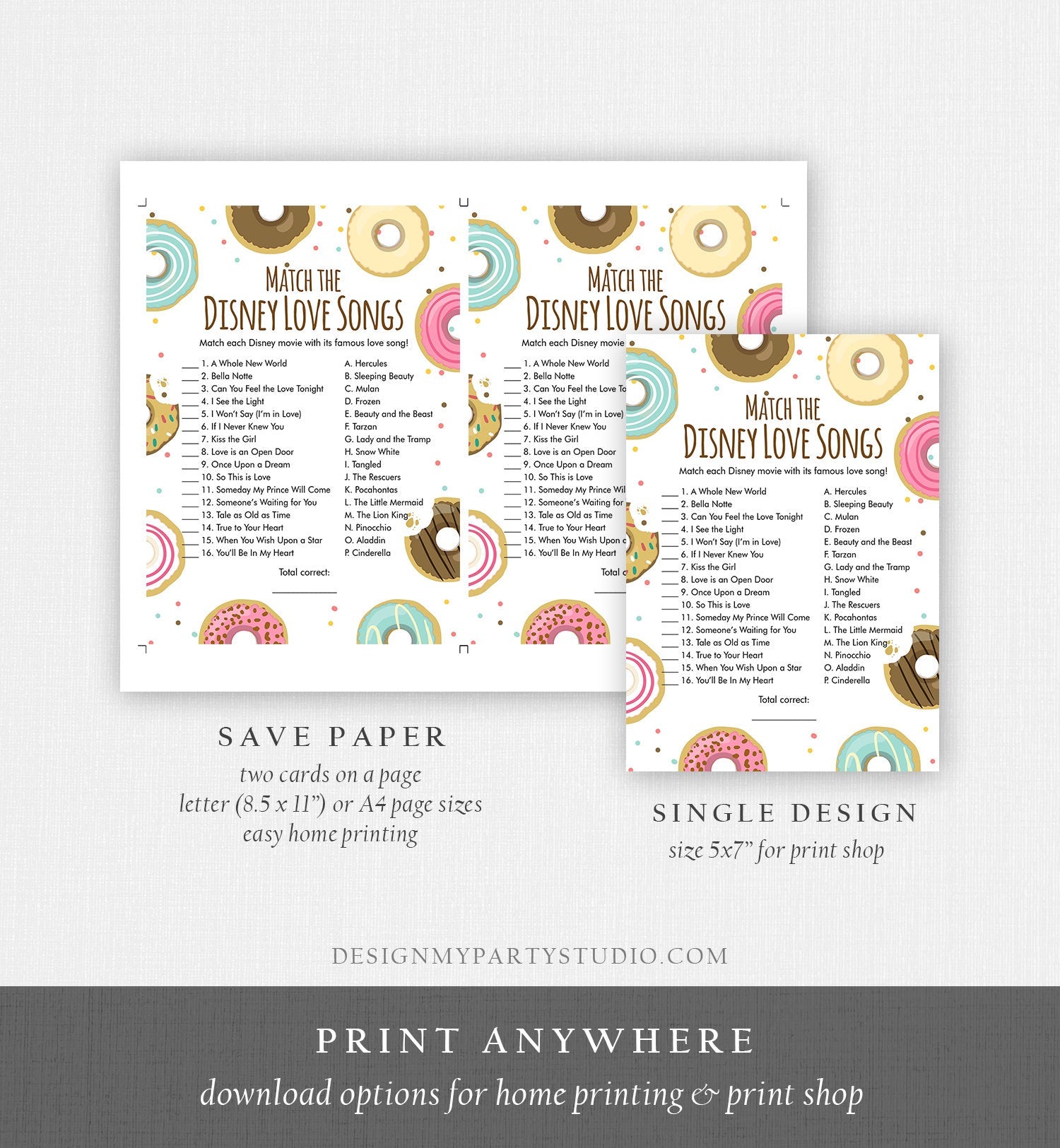 Editable Disney Love Songs Bridal Shower Game Quotes Donut Bridal Shower Shower Games Wedding Activity Corjl Template Printable 0050