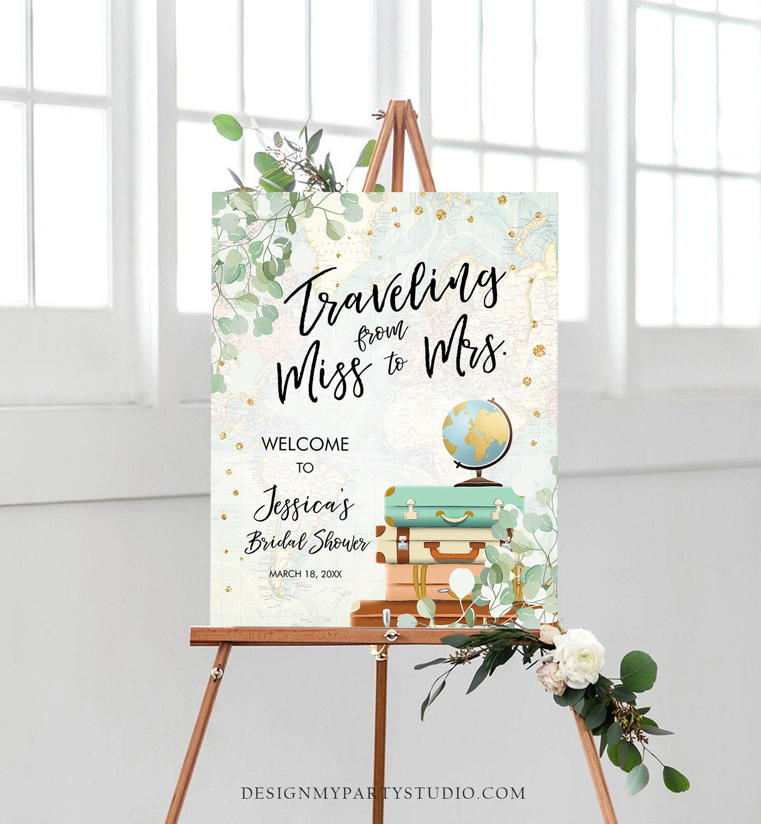 Editable Traveling From Miss to Mrs Welcome Sign Bridal Shower Map Adventure Love is a Journey Eucalyptus Greenery Corjl Template 0030