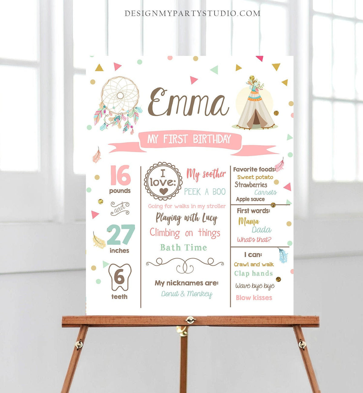 Editable Teepee Dream Catcher Birthday Milestones Sign Wild One Tribal First Birthday Girl Pink Gold Boho Download Template Printable 0092