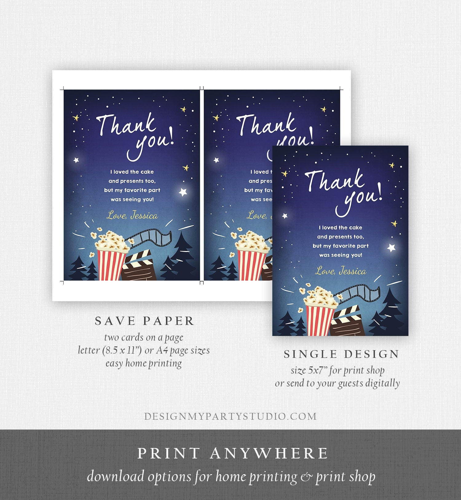 Editable Movie Night Thank You Card Birthday Outdoor Backyard Thank You Note Under the Stars Popcorn Party Corjl Template Printable 0177