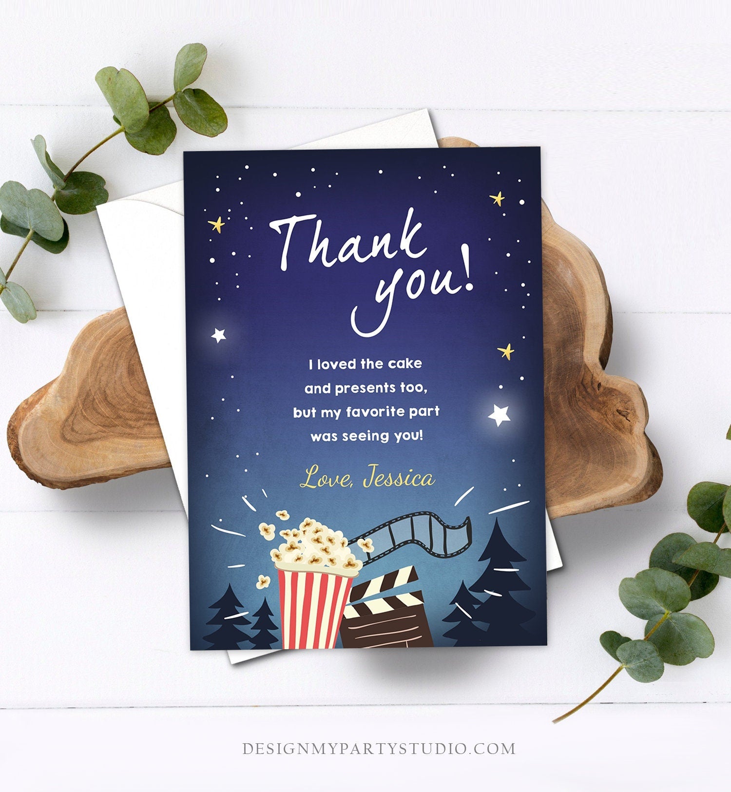 Editable Movie Night Thank You Card Birthday Outdoor Backyard Thank You Note Under the Stars Popcorn Party Corjl Template Printable 0177