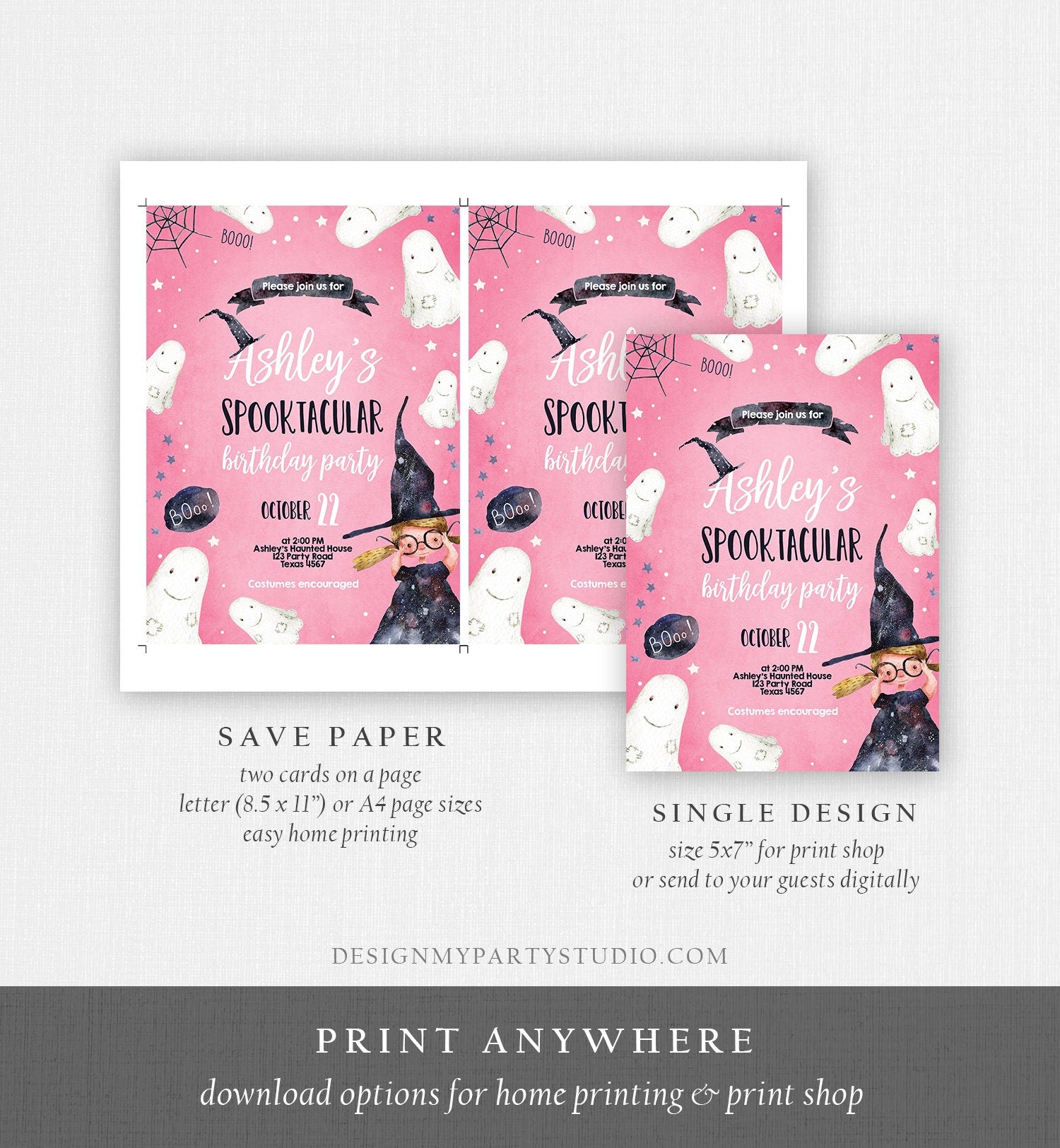 Editable Halloween Birthday Invitation Costume Party Blond Girl Pink Spooktacular Witch Hat Party Download Printable Template Corjl 0260