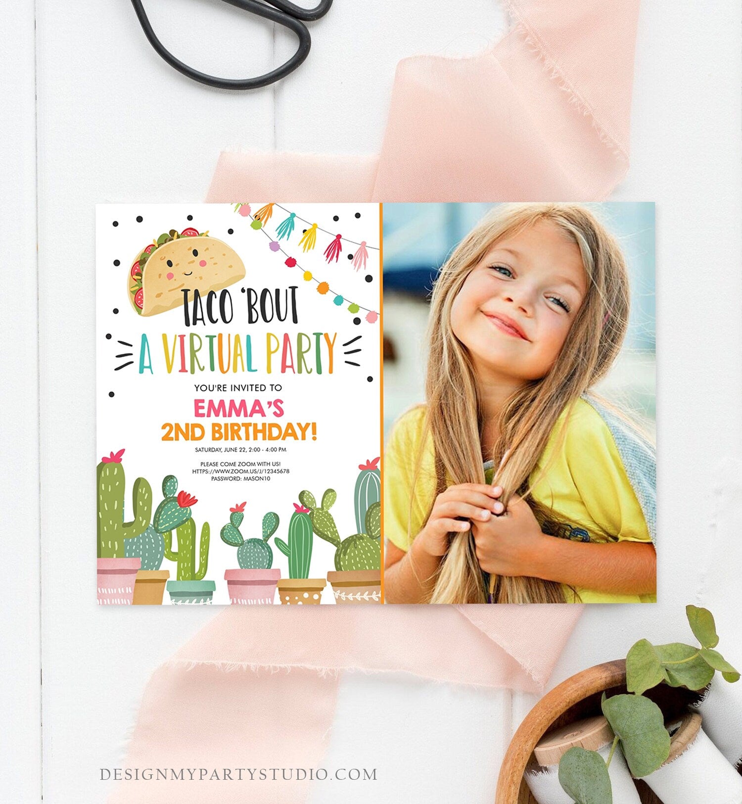 Editable Taco Bout a Virtual Party Birthday Invitation ANY AGE Girl Pink Cactus Fiesta Mexican Quarantine Download Corjl Template 0254