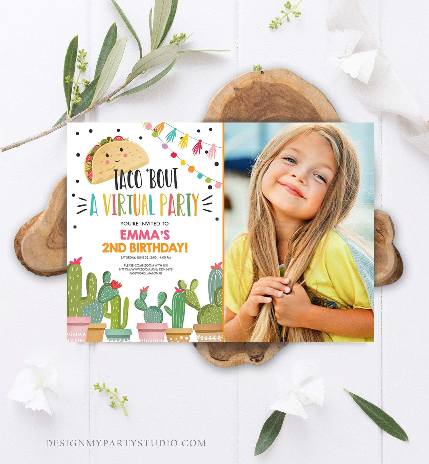 Editable Taco Bout a Virtual Party Birthday Invitation ANY AGE Girl Pink Cactus Fiesta Mexican Quarantine Download Corjl Template 0254