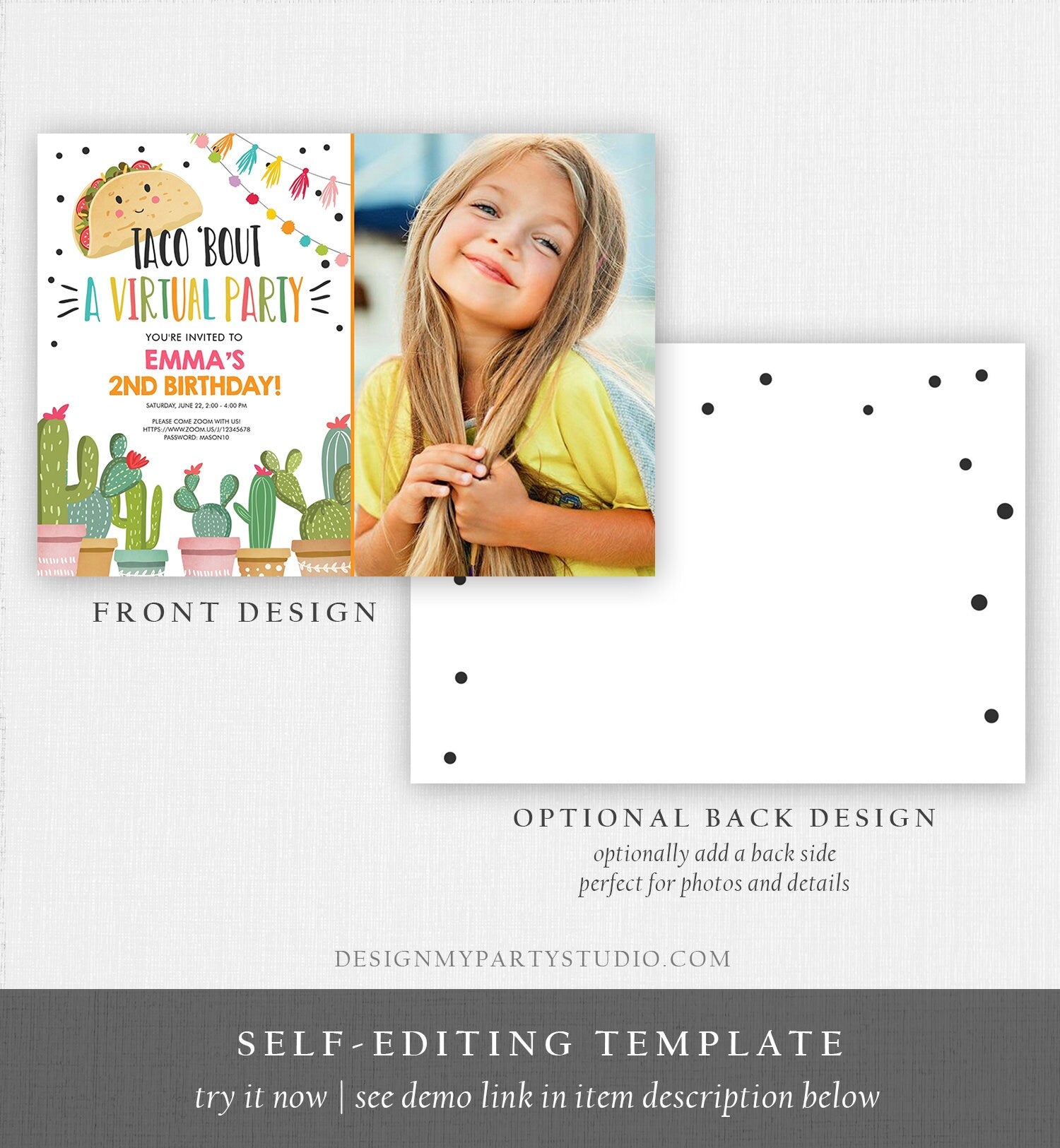 Editable Taco Bout a Virtual Party Birthday Invitation ANY AGE Girl Pink Cactus Fiesta Mexican Quarantine Download Corjl Template 0254