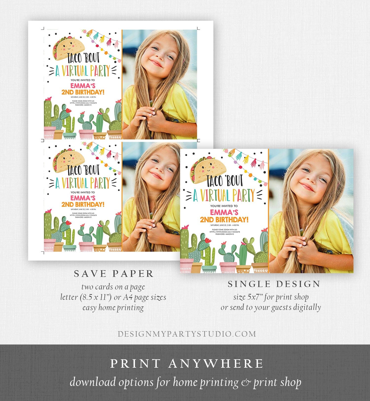 Editable Taco Bout a Virtual Party Birthday Invitation ANY AGE Girl Pink Cactus Fiesta Mexican Quarantine Download Corjl Template 0254