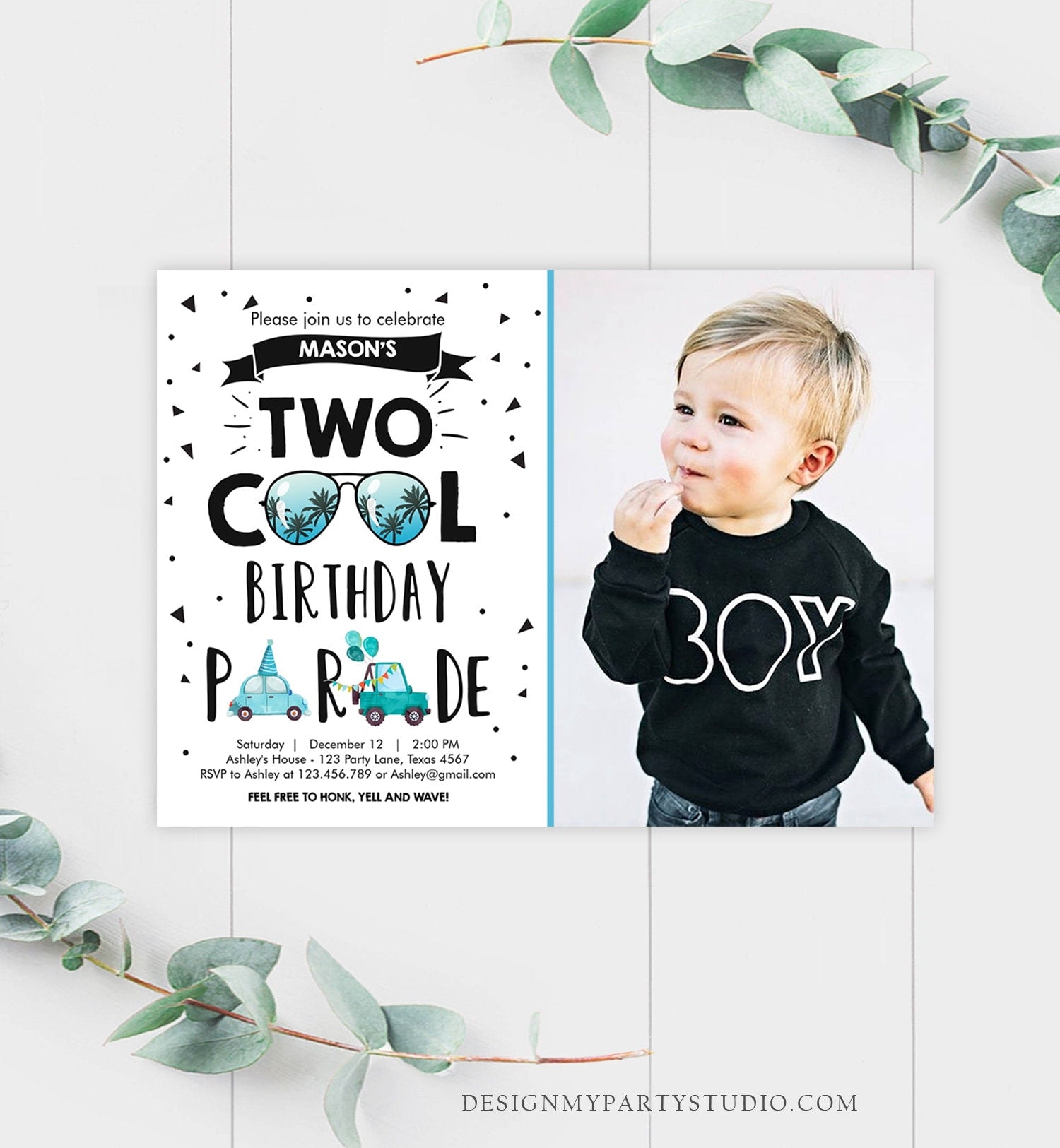 Editable Drive By Birthday Parade Invitation 2nd Birthday Two Cool Invite Honk Wave Car Boy Blue Second Instant Download Digital Corjl 0136