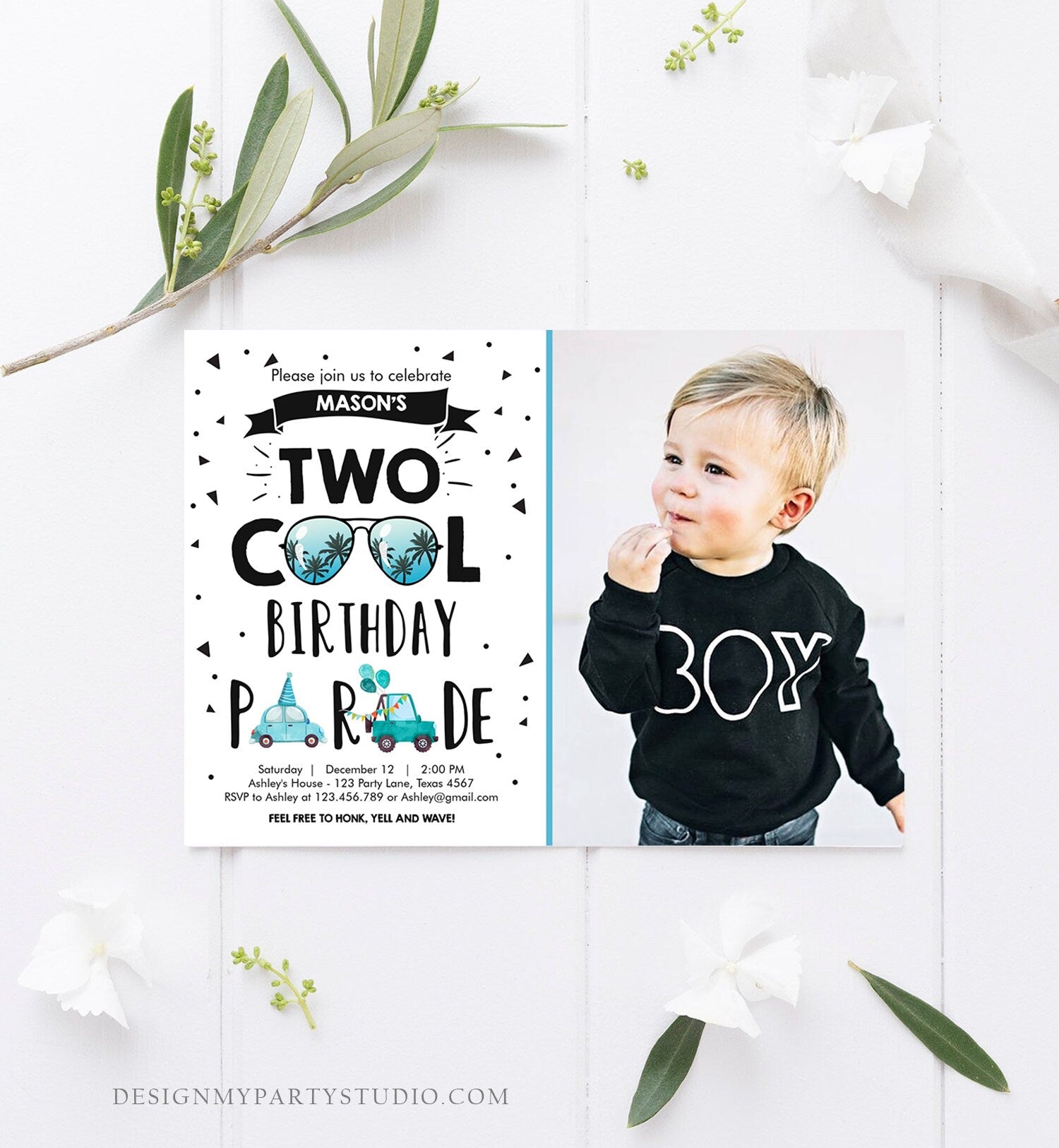 Editable Drive By Birthday Parade Invitation 2nd Birthday Two Cool Invite Honk Wave Car Boy Blue Second Instant Download Digital Corjl 0136