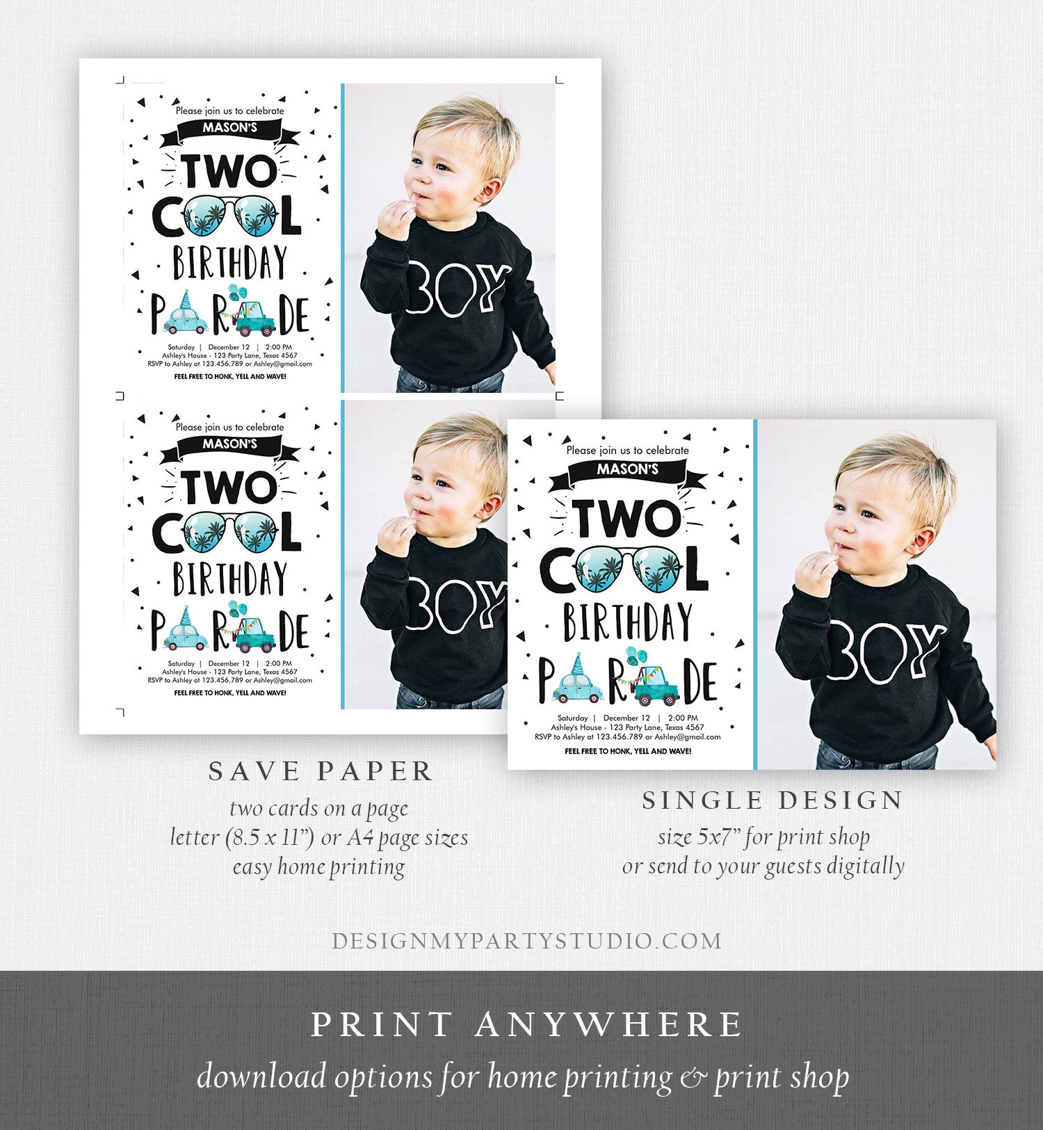 Editable Drive By Birthday Parade Invitation 2nd Birthday Two Cool Invite Honk Wave Car Boy Blue Second Instant Download Digital Corjl 0136