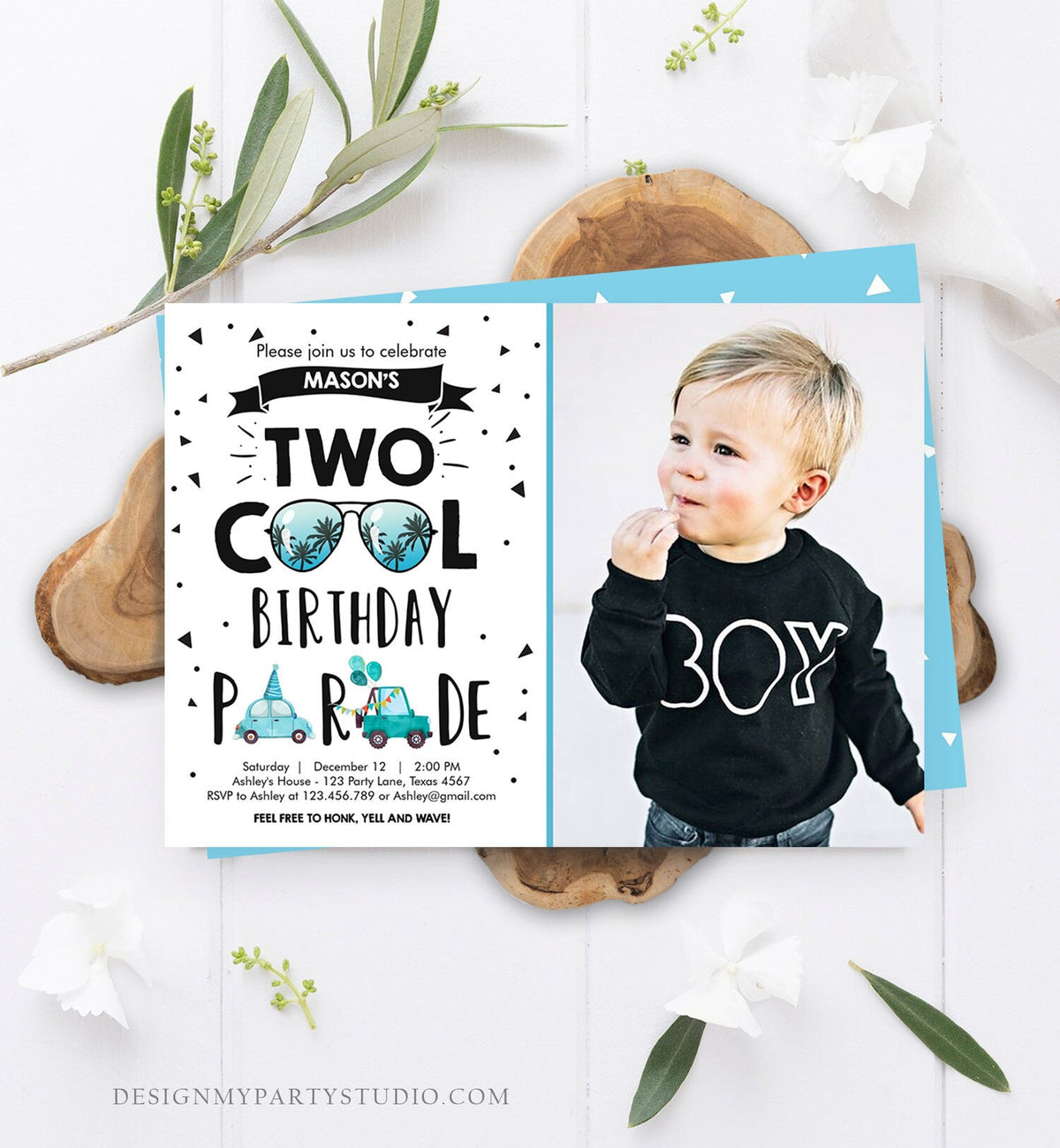 Editable Drive By Birthday Parade Invitation 2nd Birthday Two Cool Invite Honk Wave Car Boy Blue Second Instant Download Digital Corjl 0136