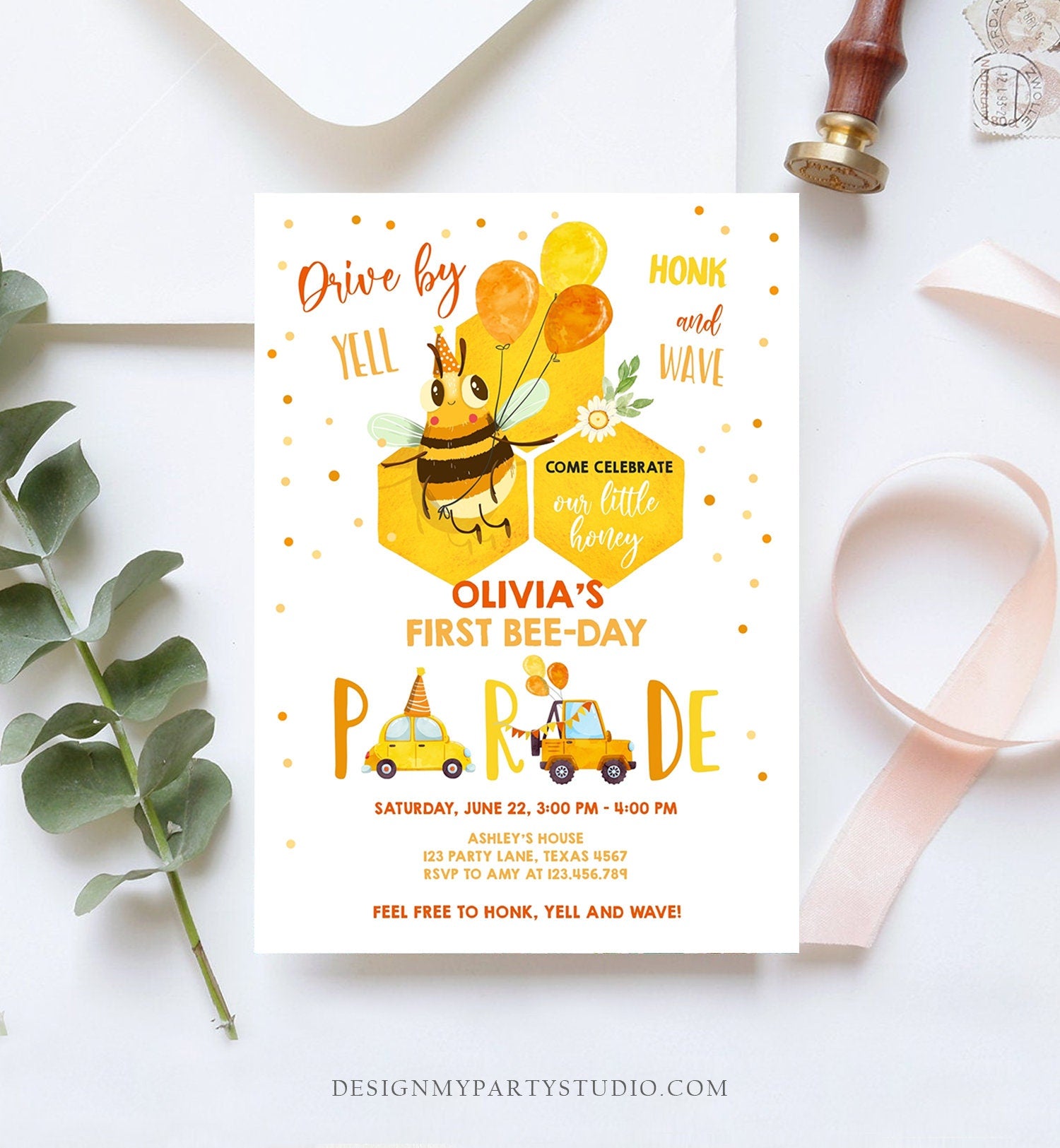 Editable Honey Bee Drive By Birthday Parade Invitation Virtual Party Invite Honk Wave Car 1st Bee Day Quarantine Download Digital Corjl 0317