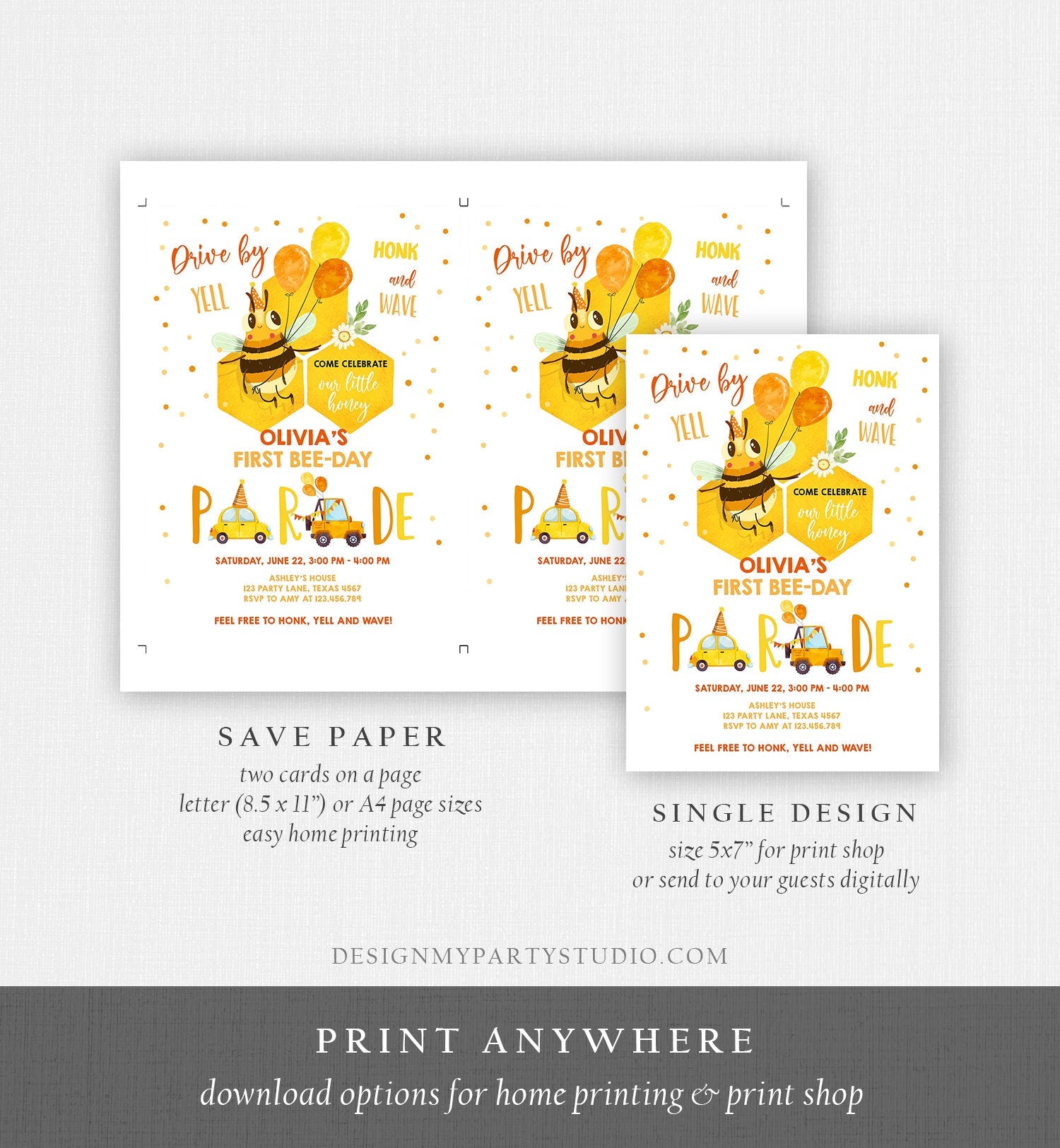 Editable Honey Bee Drive By Birthday Parade Invitation Virtual Party Invite Honk Wave Car 1st Bee Day Quarantine Download Digital Corjl 0317