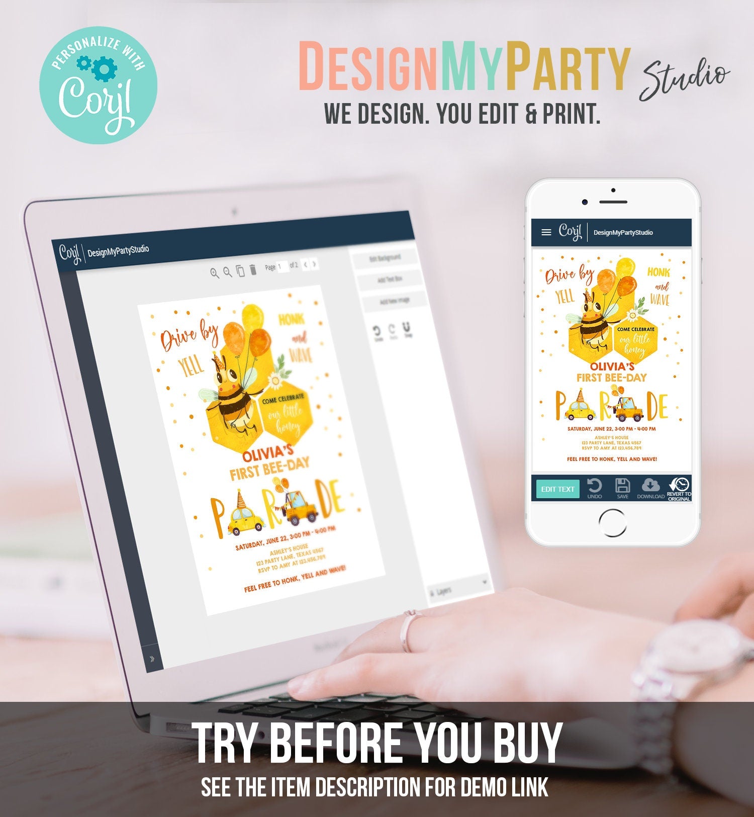 Editable Honey Bee Drive By Birthday Parade Invitation Virtual Party Invite Honk Wave Car 1st Bee Day Quarantine Download Digital Corjl 0317