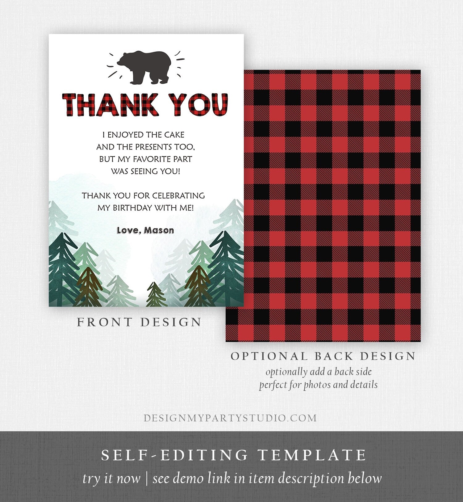 Editable Lumberjack Thank You Card Birthday Rustic Wild One Birthday Bear Forest Buffalo Plaid Trees Download Printable Template Corjl 0377