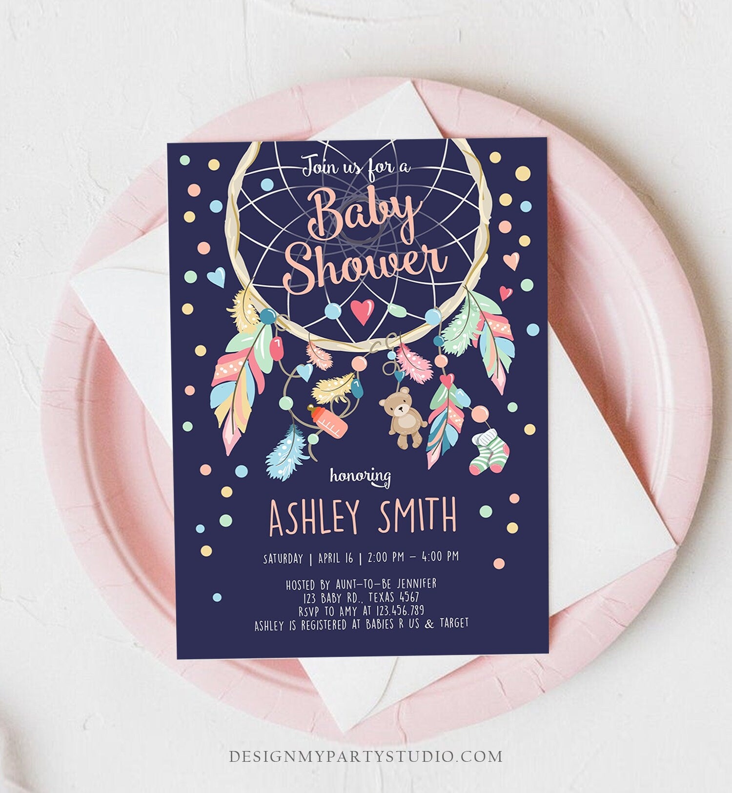 Editable Dreamcatcher Baby Shower Invitation Dream Catcher Feathers Tribal Boho Girl Pink Neutral Download Corjl Template Printable 0062