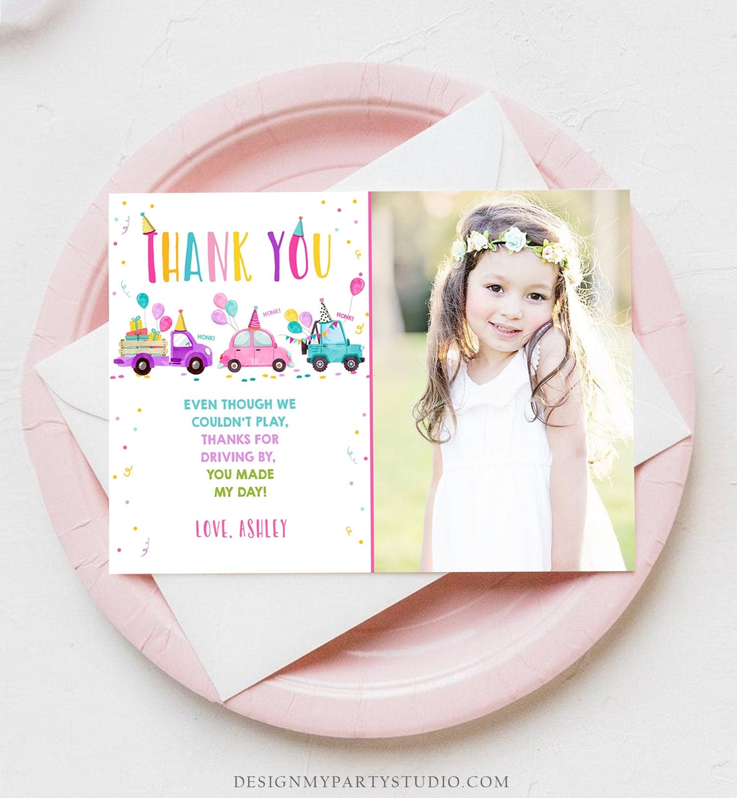 Editable Drive By Birthday Parade Thank You Card Virtual Party Invite Honk Wave Car Girl Pink Quarantine Instant Download Digital Corjl 0333