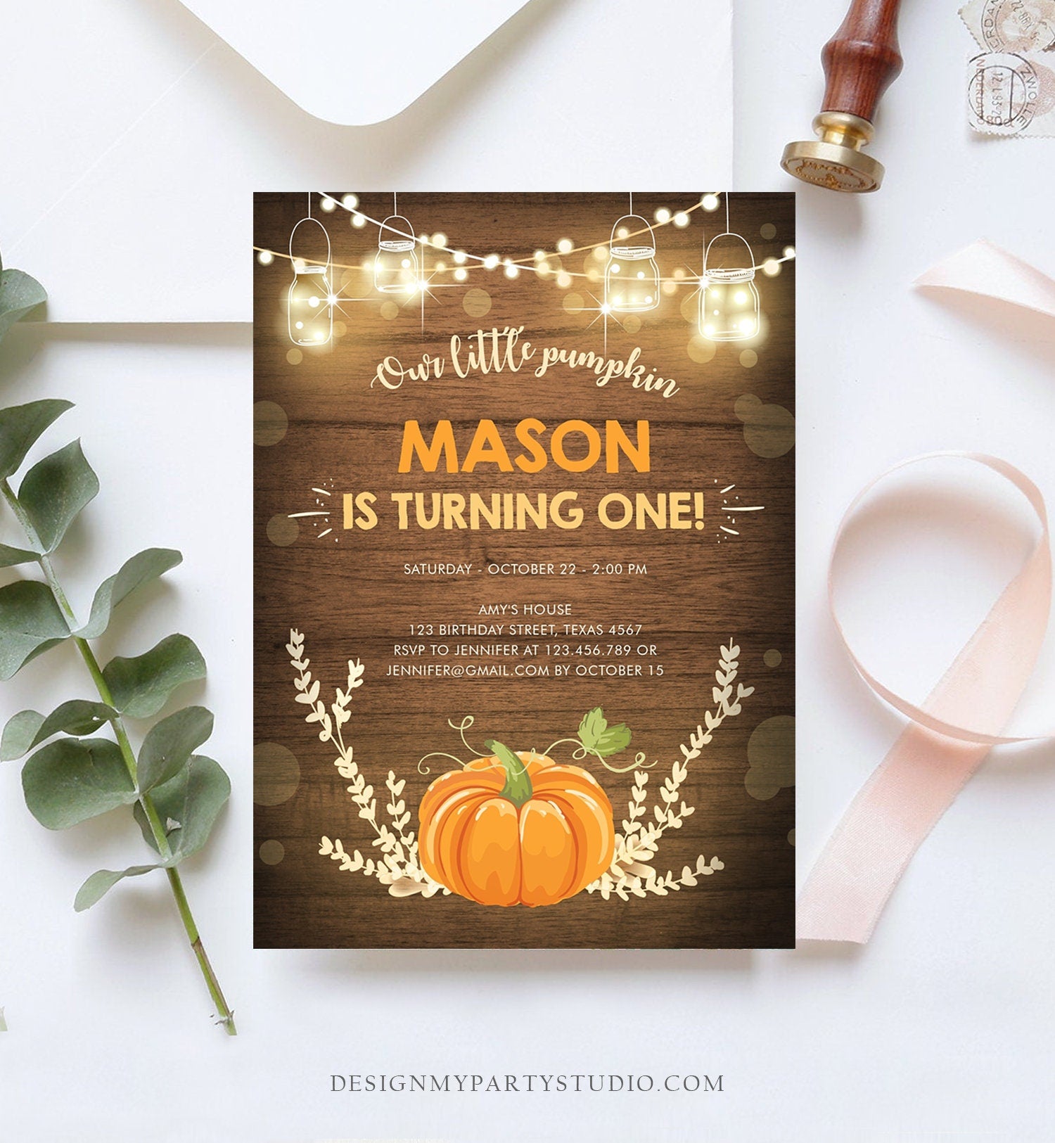 Editable Little Pumpkin Birthday Invitation Orange Pumpkin Patch Autumn Fall Neutral 1st First Birthday Corjl Invitation Printable 0015