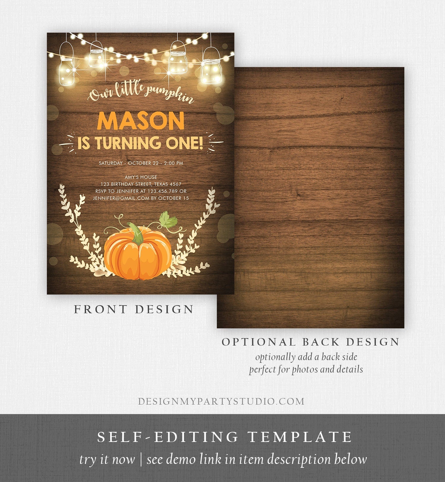 Editable Little Pumpkin Birthday Invitation Orange Pumpkin Patch Autumn Fall Neutral 1st First Birthday Corjl Invitation Printable 0015