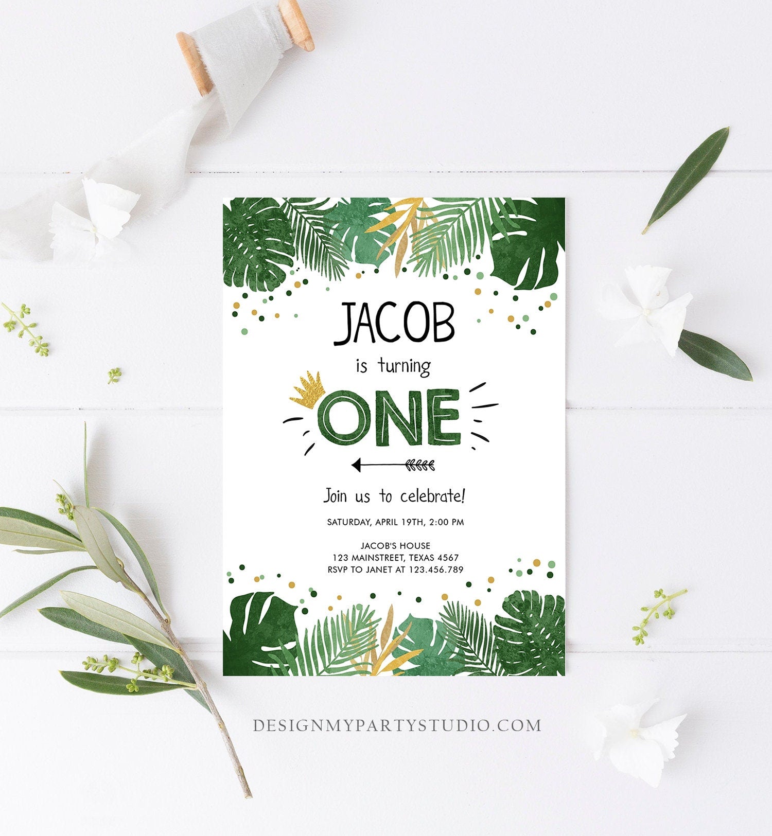 Editable Safari First Birthday Invitation Jungle Boy Gold 1st Birthday Rustic Leaves Wild Things Arrow Crown Corjl Template Printable 0332