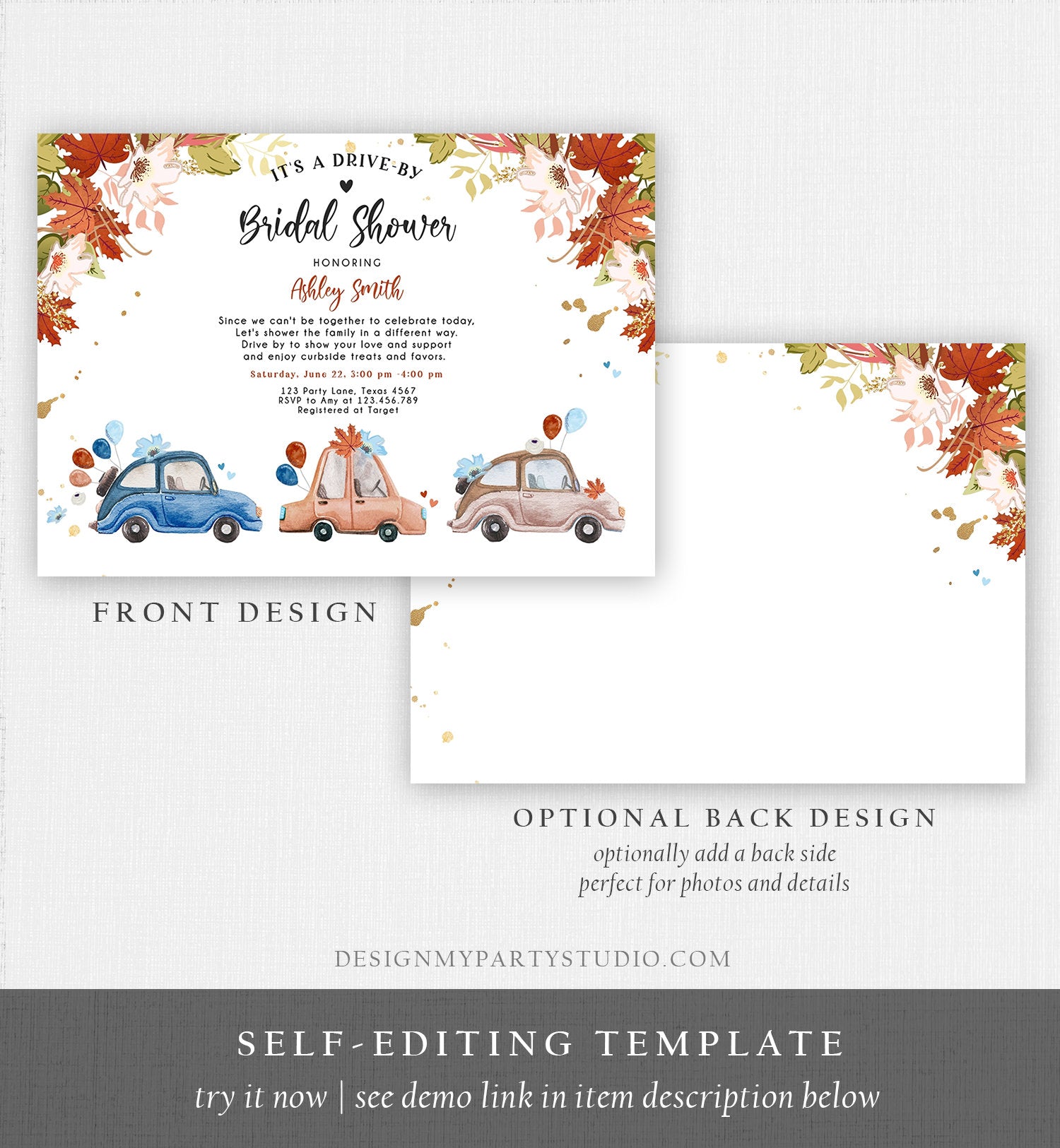 Editable Fall Drive By Bridal Shower Invitation Couples Shower Invite Quarantine Drive Through Fall in Love Template Download Corjl 0335