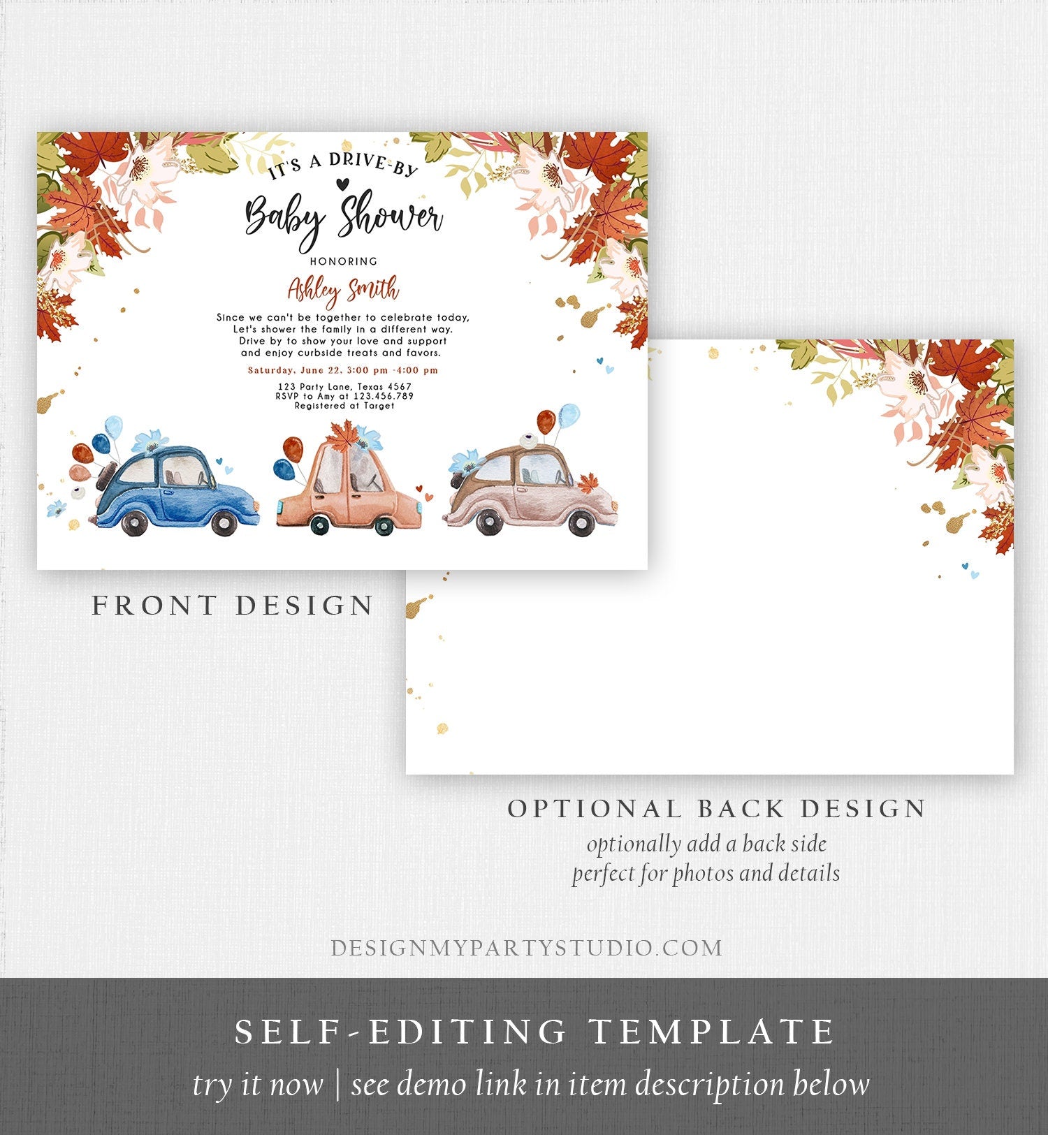 Editable Fall Drive By Baby Shower Invitation Navy Blue Floral Boy Coed Shower Quarantine Drive Through Autumn Template Download Corjl 0335