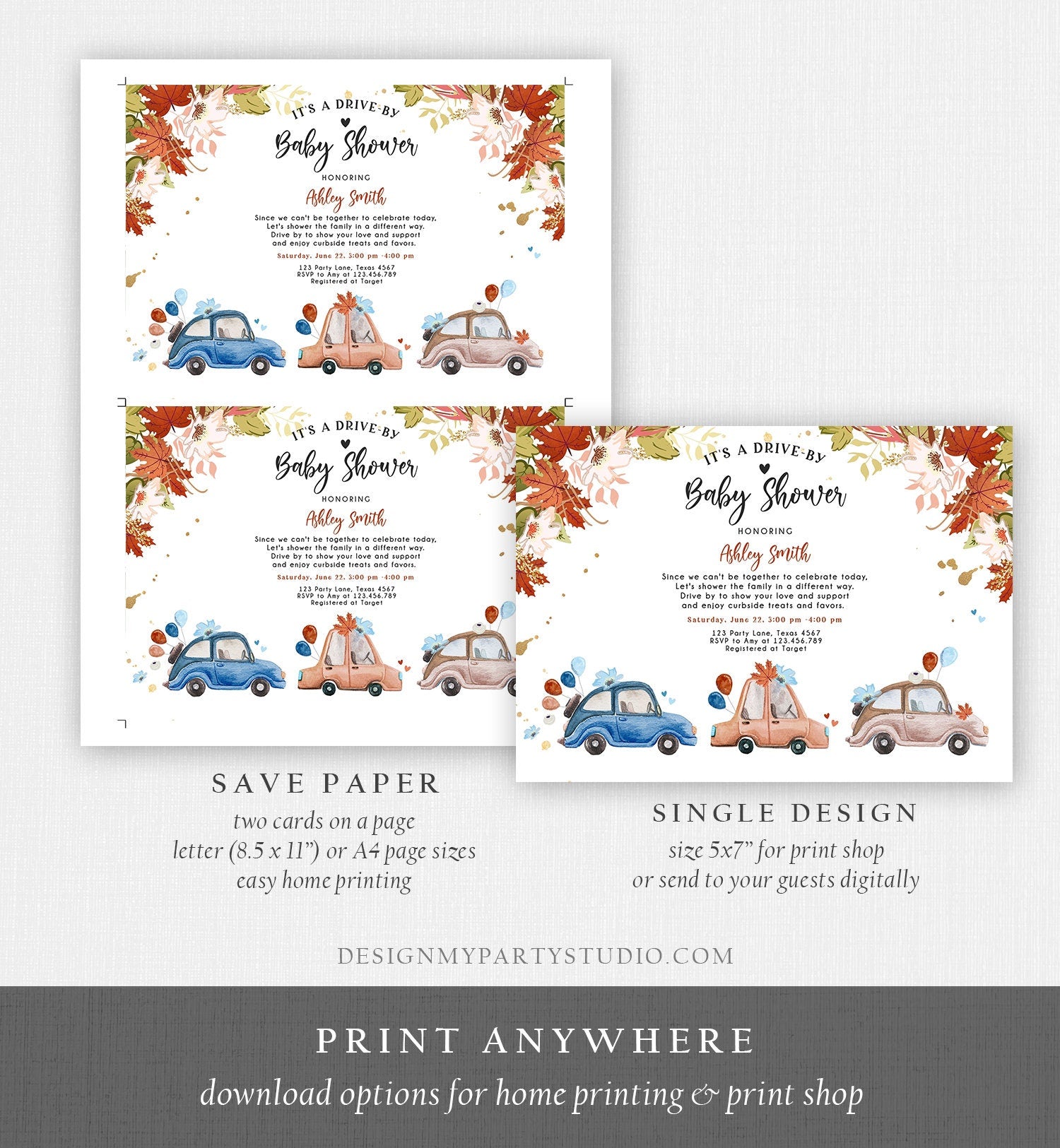 Editable Fall Drive By Baby Shower Invitation Navy Blue Floral Boy Coed Shower Quarantine Drive Through Autumn Template Download Corjl 0335