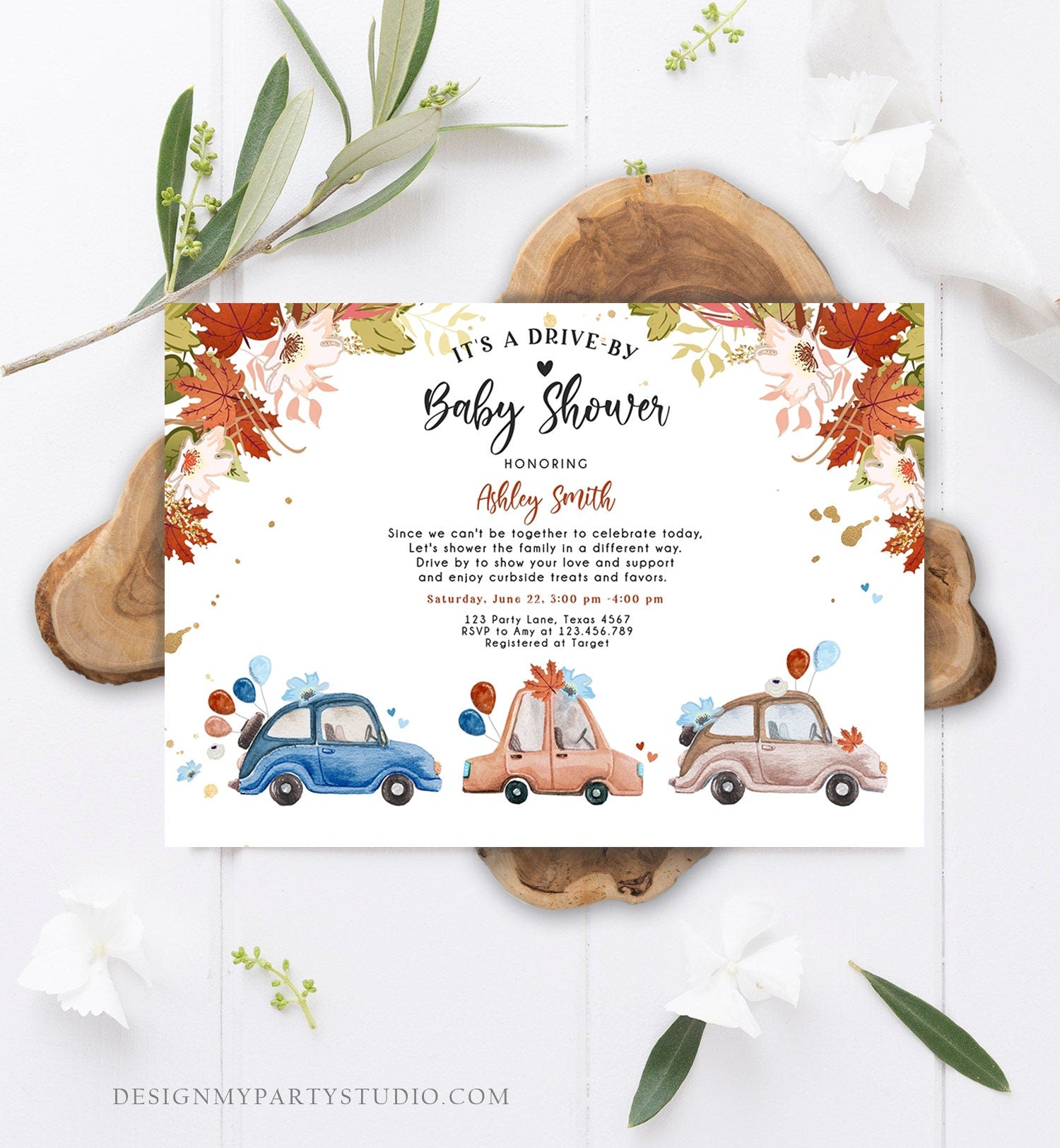 Editable Fall Drive By Baby Shower Invitation Navy Blue Floral Boy Coed Shower Quarantine Drive Through Autumn Template Download Corjl 0335